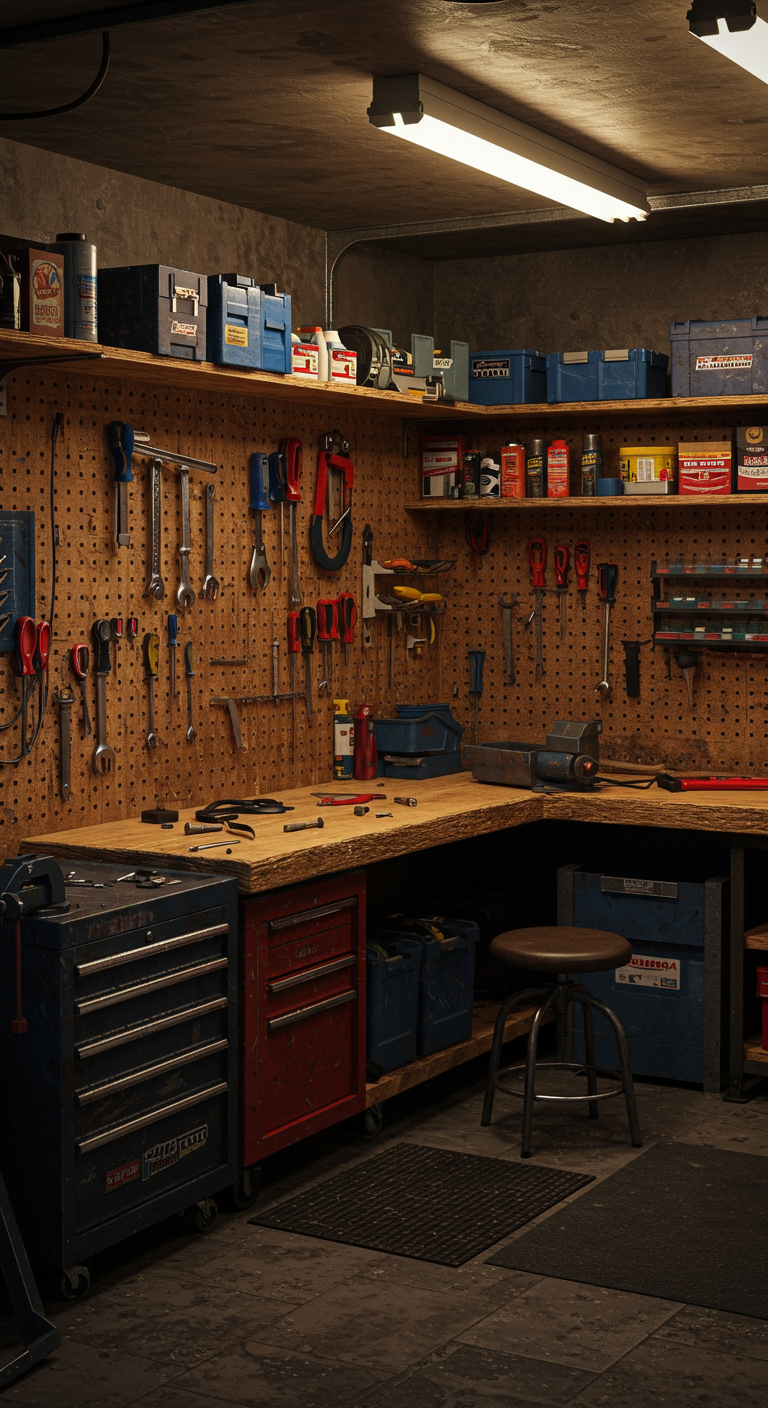 Mechanic's Dream Garage Layouts - Highly detailed, realistic photograph of a small mechanic's garage interior, focusing on efficient layout. Wooden workbench with visible scratches and scattered screws, a well-organized pegboard displaying a variety of real tools, and labeled storage bins line the walls. Authentic materials: raw plywood shelves, metal tool chests, and a rubber mat partially covering a concrete floor, illuminated by warm-toned ceiling lamps. Power cords snake along the walls, and a single, well-worn stool sits near the workbench, adding to the lived-in, practical atmosphere.