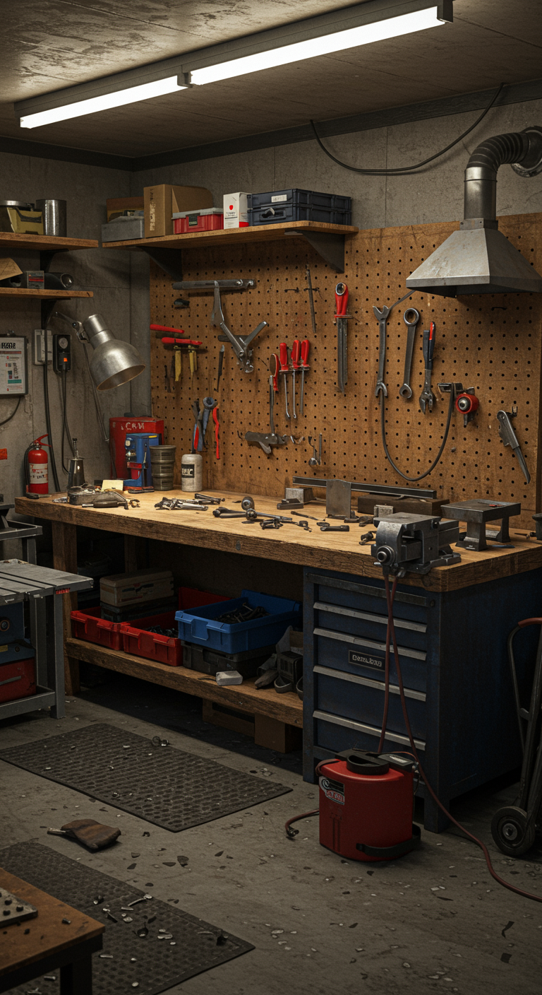 Metalworking Garage Workshop Layouts - Highly detailed, realistic interior of a small metalworking garage workshop. Focus on a compact but functional layout featuring a sturdy, slightly worn wooden workbench cluttered with metal scraps, screws, and work gloves. Pegboards organize an array of real metalworking tools, with labeled bins for hardware visible beneath the bench. The floor is concrete covered with a rubber mat, showing signs of wear and tear.
