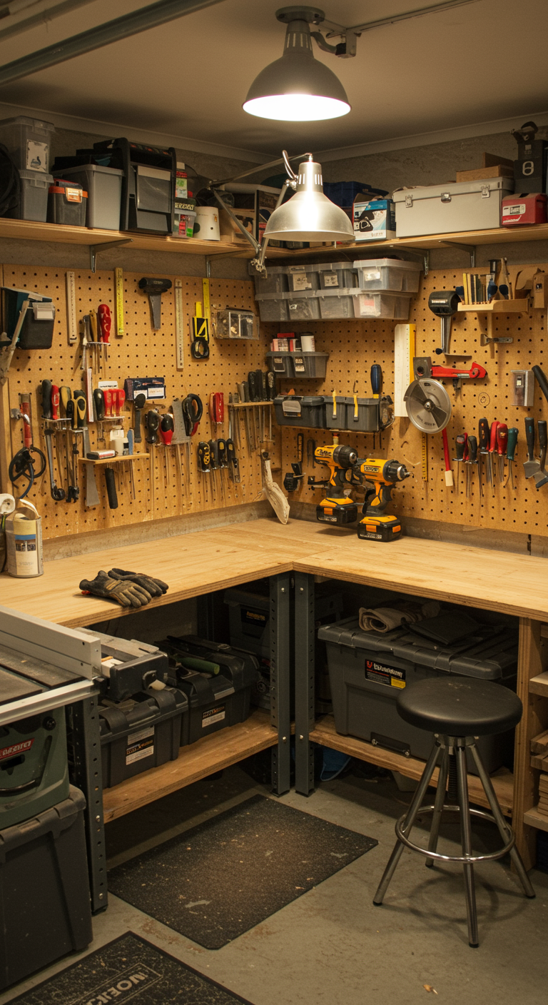 Compact Woodworking Shop Layouts - A compact woodworking shop in a small garage, featuring an L-shaped workbench arrangement constructed from raw plywood and a sturdy metal frame. Pegboards cover the walls, densely packed with meticulously organized hand tools, power drills, and measuring instruments. Bins are labeled with handwritten notes, containing screws, nails, and other hardware.