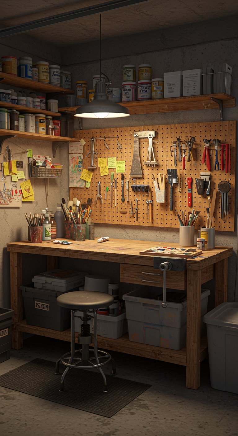 Artist's Nook Garage Workshop Ideas - Highly detailed, realistic garage workshop interior designed as an artist's nook, focusing on efficient use of small space. Features a sturdy wooden workbench cluttered with art supplies, paint tubes, and brushes, accompanied by a pegboard organizer holding various tools. Bins are labeled with handwritten notes, and a comfortable stool sits nearby under the warm glow of an overhead utility lamp. Raw plywood shelves hold jars of paint, while a rubber mat protects the concrete floor; the scene includes visible details like power strips, stray cables, and minor imperfections, enhancing the lived-in authenticity.