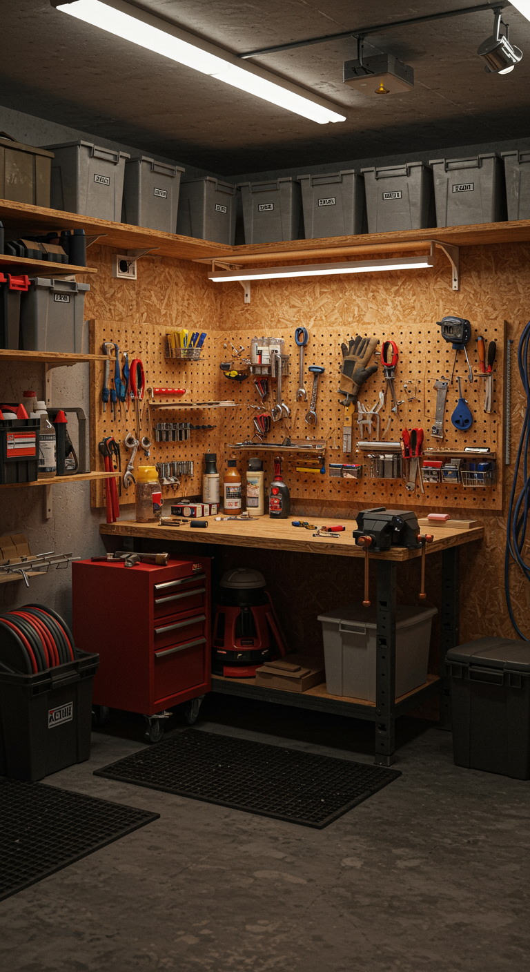 Budget-Friendly Garage Workshops - A realistic, small garage workshop interior featuring a compact wooden workbench cluttered with hand tools, screws, and work gloves. Pegboards organize frequently used items, while labeled bins store materials on raw plywood shelves. Concrete floors are partially covered with rubber mats, illuminated by practical, slightly warm ceiling lamps, with visible power strips and cables running along the walls.