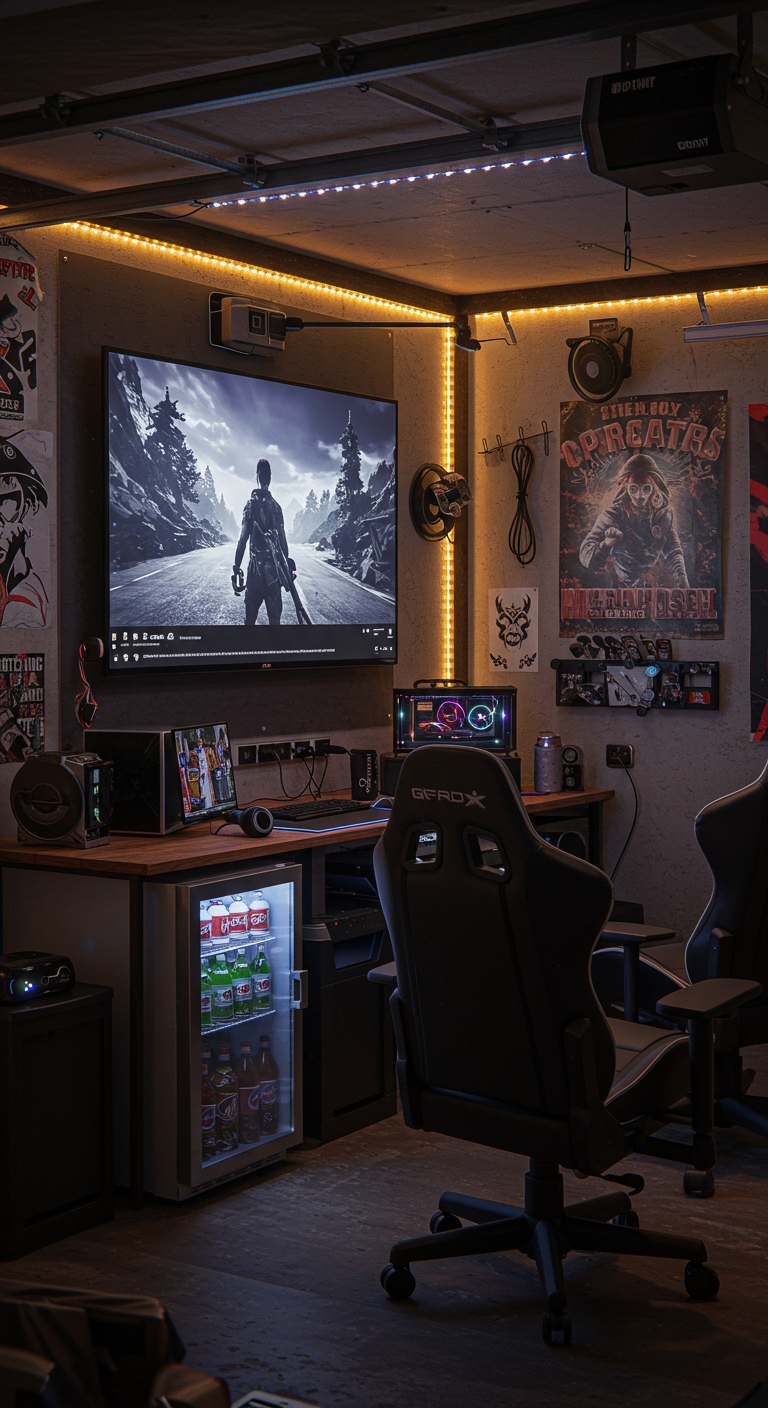 The Gamer's Garage Setup - A realistic, high-detail photograph of a gamer's garage setup. The garage features a large screen TV mounted on the wall, facing comfortable gaming chairs and a console setup. Visible are details like LED strip lighting, custom posters, a mini-fridge stocked with drinks, and organized cables. The garage interior is slightly cluttered, with visible power strips, wall hooks, and a few stray game controllers.