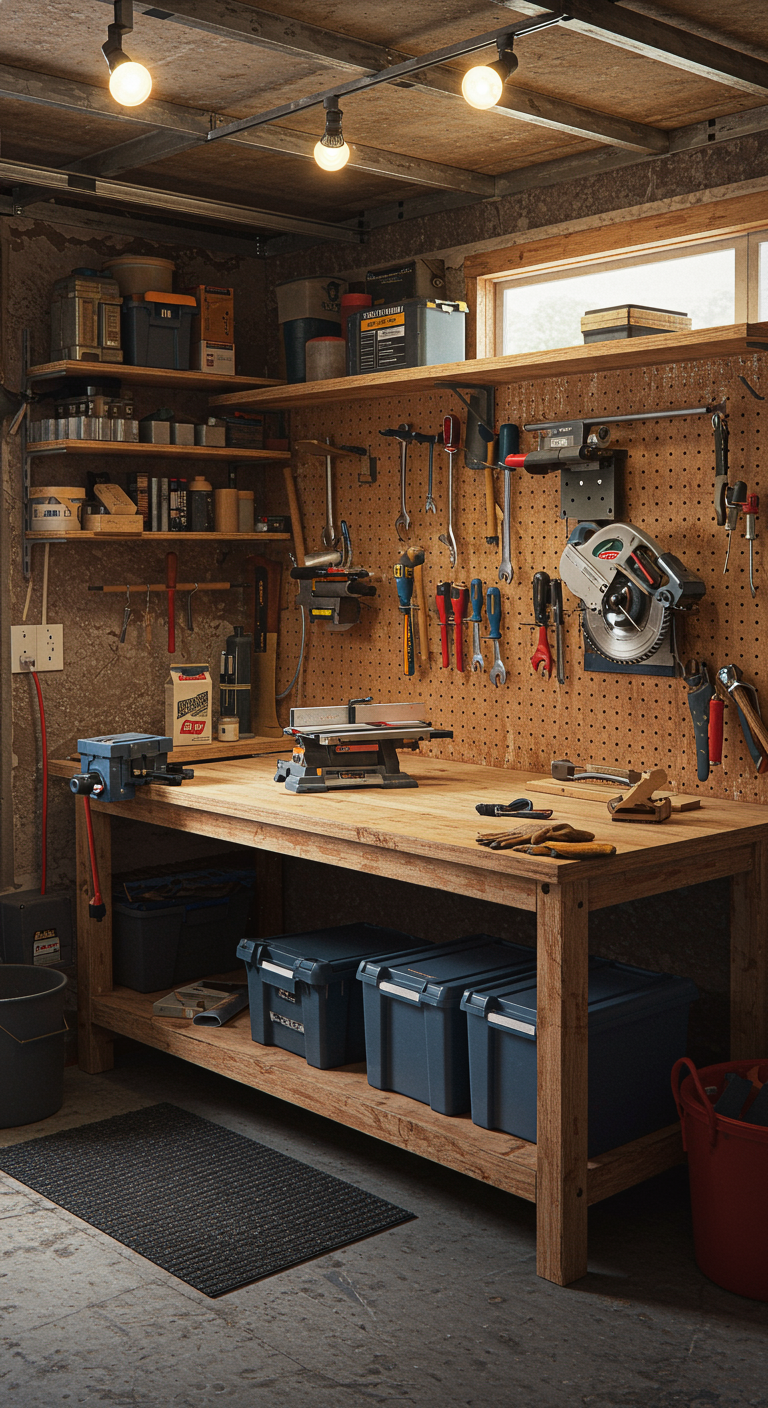 DIY Garage Workshop Creations - A realistic, small garage workshop interior featuring a DIY wooden workbench with visible imperfections and a pegboard tool organizer cluttered with authentic tools. The scene includes labeled storage bins, scattered screws, work gloves, and oily rags, emphasizing a lived-in feel. Raw plywood shelves, metal framing, and a rubber mat on a concrete floor add to the practical aesthetic, illuminated by warm-toned ceiling lamps and natural light from a window. A compact table saw sits on the workbench, while cables, power strips, and wall hooks are visible, adding to the organized chaos of the workspace.