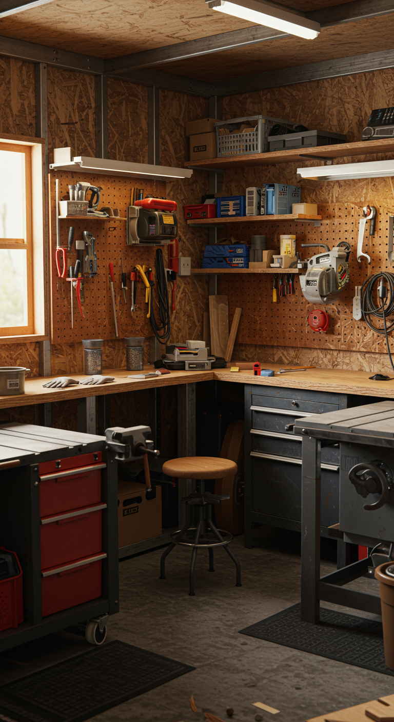 Industrial Garage Workshop Setups - A realistic, small industrial garage workshop interior. A compact but functional setup features a sturdy wooden workbench cluttered with screws, gloves, and rags. Pegboards organize real tools above the bench, with labeled bins for storage below. Raw plywood walls, metal framing, and a rubber mat on the concrete floor contribute to the authentic industrial feel. 
