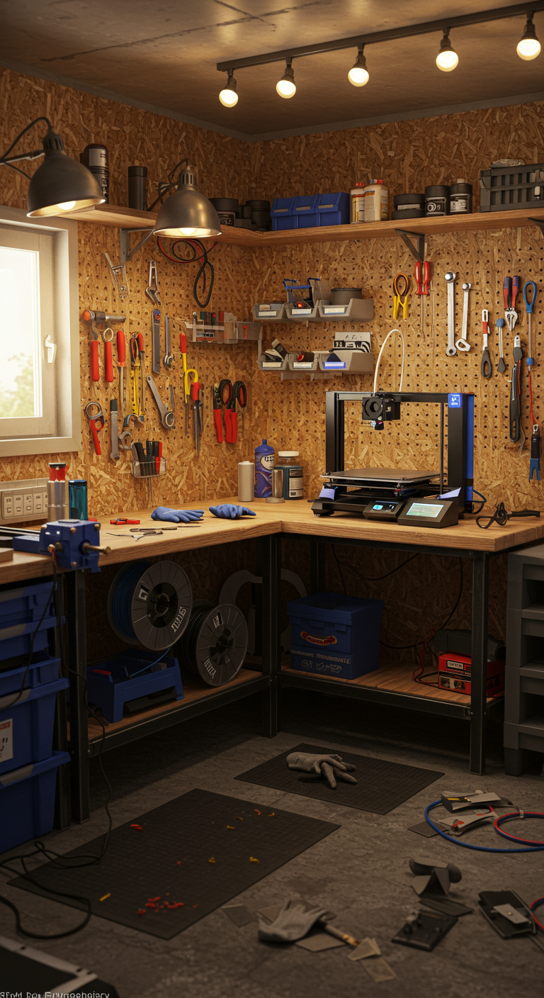 High-Tech Garage Workshop Builds - Highly detailed, realistic photograph of a small, high-tech garage workshop. The interior features a compact but functional wooden workbench cluttered with screws, gloves, and rags. A pegboard organizes hand tools against a raw plywood wall, with labeled bins storing components. Natural light streams through a window and is supplemented by warm-toned ceiling lamps, illuminating a concrete floor covered with a rubber mat. A 3D printer sits on a metal frame table, surrounded by spools of filament and partially finished prints. Cables snake across the floor, connecting to a power strip mounted on the wall, with shelves holding electronic components and various tools.