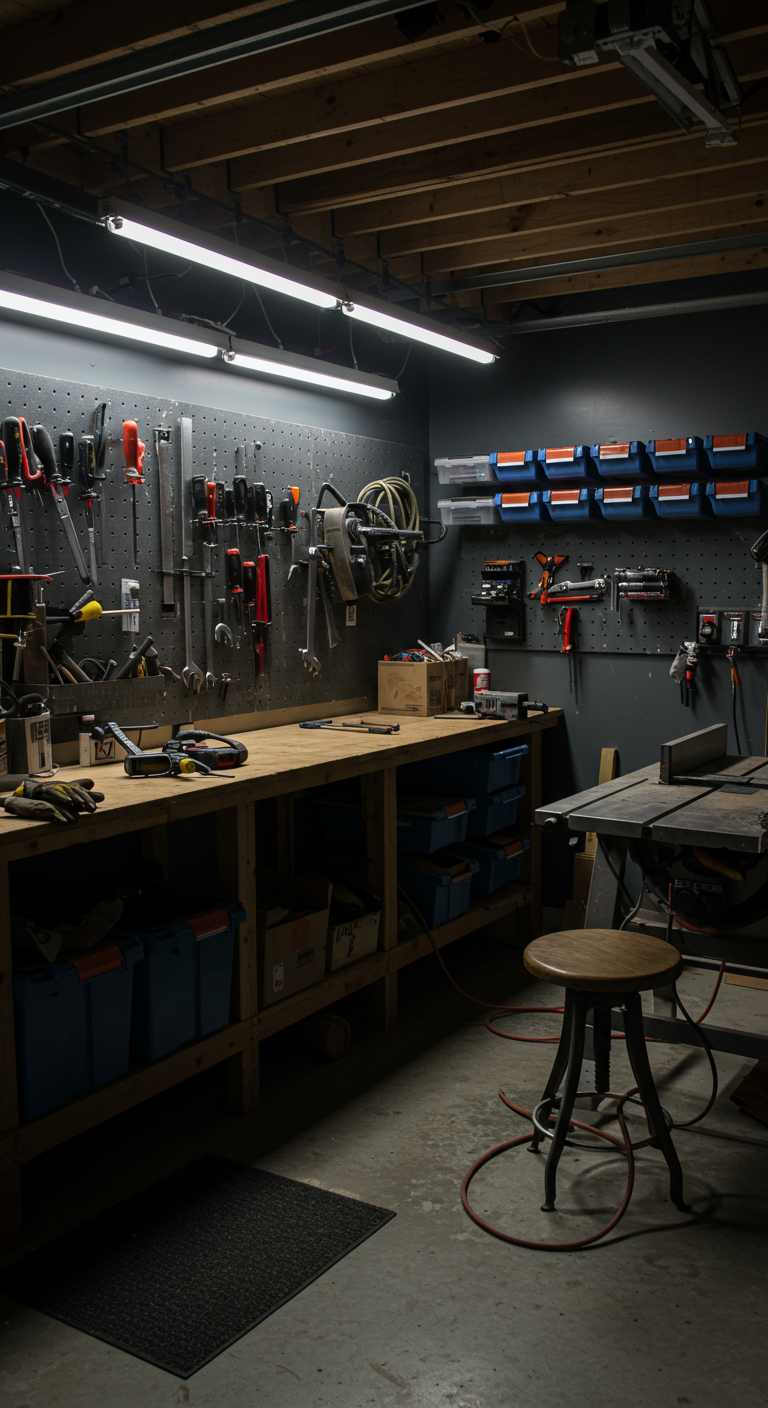 The Dark Garage Workshop Concept - A dimly lit, small garage workshop with dark gray walls and ceiling, illuminated by overhead LED shop lights. A wooden workbench cluttered with tools, screws, and a pair of work gloves sits against one wall, backed by a pegboard organizer holding various hand tools. Labeled storage bins line the lower portion of the wall, with a rubber mat protecting the concrete floor. A metal-framed table saw occupies a corner, with visible sawdust and a tangled extension cord nearby. A worn stool sits in front of the workbench, suggesting recent use.