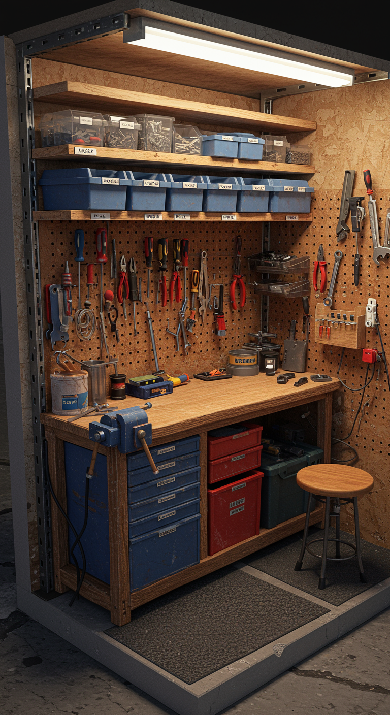 Vertical Garage Workshop Organization - A small, realistic garage workshop interior, meticulously organized vertically. Wooden workbench with visible scratches and wear, surrounded by a pegboard filled with various hand tools: screwdrivers, pliers, wrenches, all realistically rendered with slight imperfections. Labeled storage bins on shelves above the workbench, containing screws, nails, and small parts; some bins slightly misaligned, labels a bit faded. Authentic materials: raw plywood shelves, metal frame supports, rubber mat partially covering a concrete floor with minor cracks, overhead fluorescent lighting casting a slightly warm glow. A power strip with tangled cables, wall hooks holding extension cords, and a single wooden stool complete the scene, conveying a practical and lived-in atmosphere.