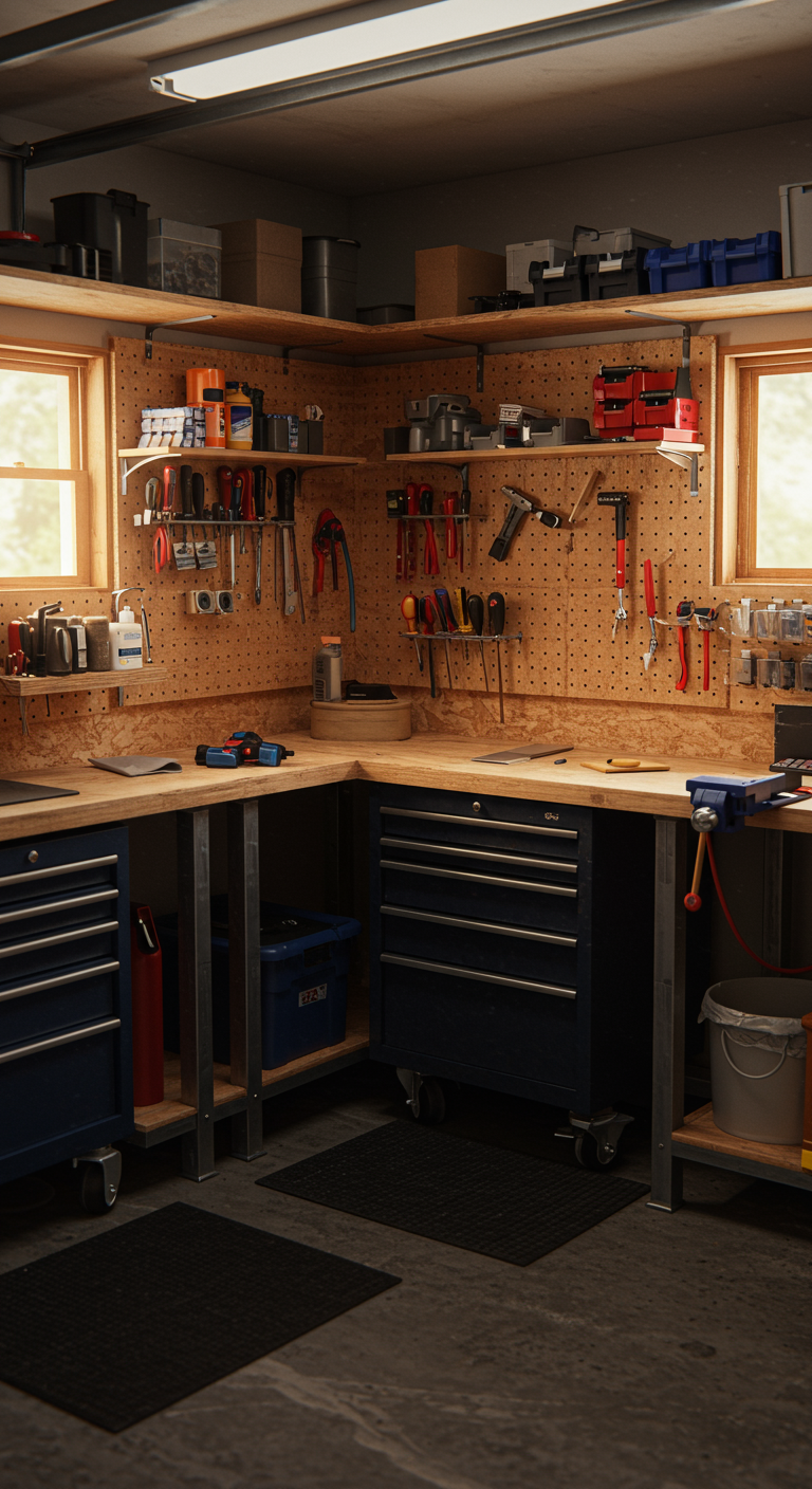 His & Hers Garage Workshop Designs - A realistic, small garage workshop interior divided into "His & Hers" zones, featuring two compact wooden workbenches with visible wear and tear. Each zone is personalized with different tools organized on pegboards and labeled bins, showing authentic clutter like scattered screws, work gloves, and rags. The floor is concrete covered with rubber mats, and the lighting is slightly warm, coming from overhead lamps and a window, illuminating raw plywood shelves, metal frames, and visible power strips.