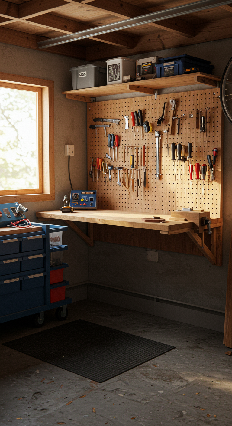 Convertible Garage Setups - A meticulously organized, small garage workshop featuring a fold-down wooden workbench mounted against a wall, surrounded by a pegboard displaying a variety of hand tools. The concrete floor is partially covered by a worn rubber mat, and warm light streams in from a nearby window, illuminating dust particles in the air. A rolling tool cart sits nearby, overflowing with labeled bins containing screws, nails, and other hardware, adding to the sense of a functional, lived-in space. A power strip snakes along the wall, supplying power to a small soldering station on a nearby shelf, while a bicycle hangs from a rack mounted to the ceiling, showcasing the convertible nature of the workshop.