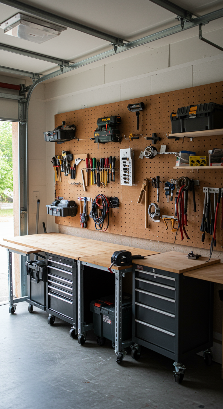 Mobile Garage Workshop Concepts - A compact garage workshop setup with tools and workbench mounted on wheels or fold-out systems. Pegboards, rolling storage carts, and collapsible tables are visible. The space is tight but efficient, with concrete floors, a garage door in the background, and natural light entering from the side. The workshop feels ready to roll — practical, clean, and realistic.