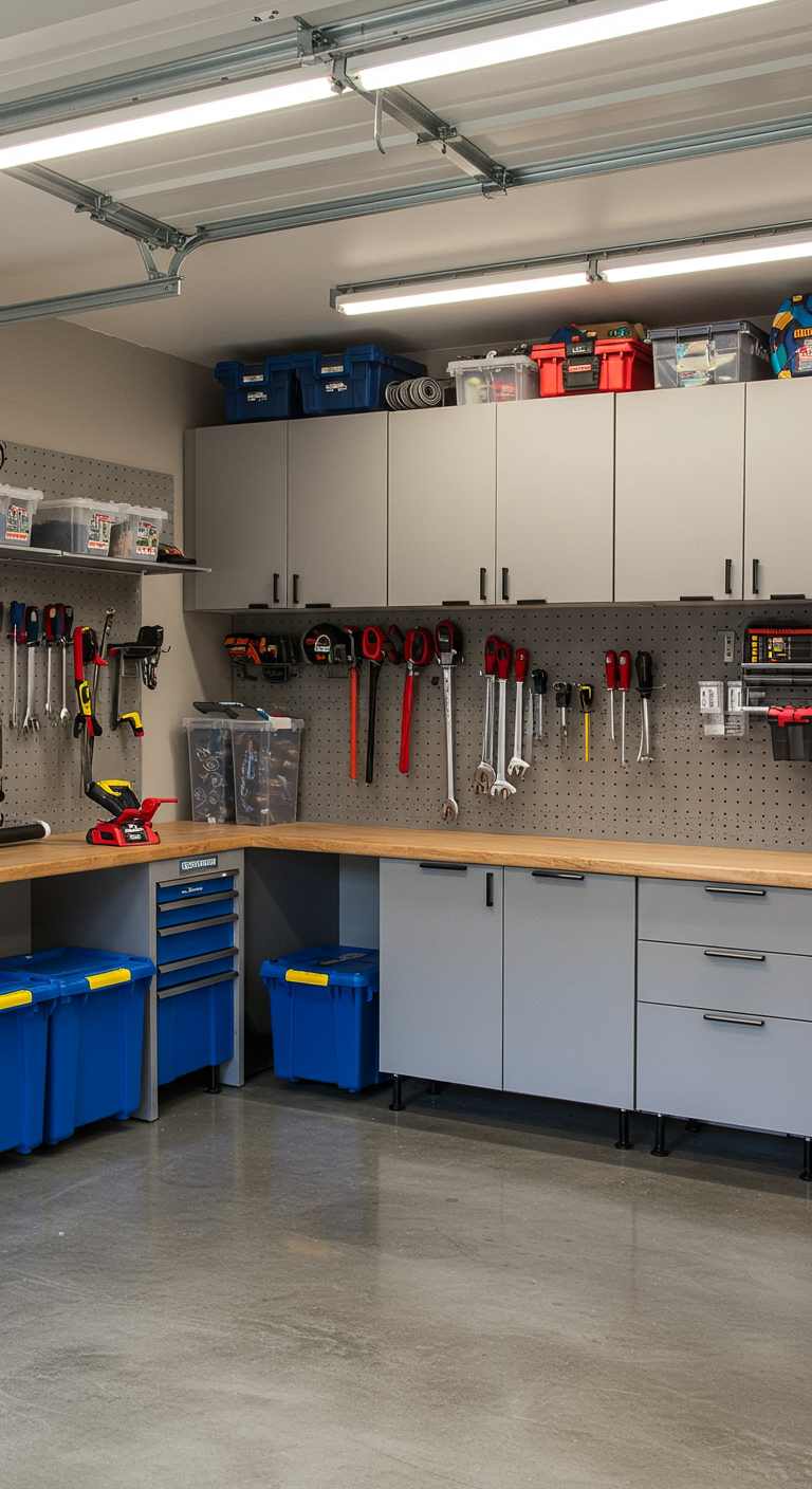 Clean & Organized Garage Workshops - A spotless garage workspace with labeled storage bins, tools hung on pegboards, a tidy bench with no clutter. The floor is clean concrete or coated epoxy. Lighting is strong and cool-toned. Cabinets, hooks, and drawers are placed with intention. The scene feels fresh, functional, and highly usable.
