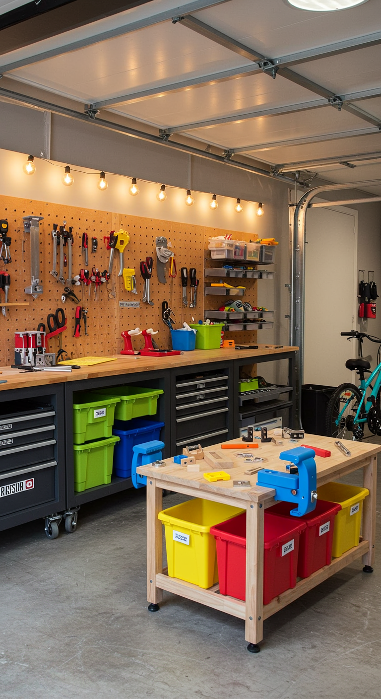 Family Friendly Garage Workshop Setups - A garage workshop space designed for both adults and kids. Includes a main workbench and a smaller kid-sized table, with safety tools, soft edges, and storage boxes labeled with colors. A family bike or stroller might be in the background. Warm lighting and playful, safe design elements are visible.