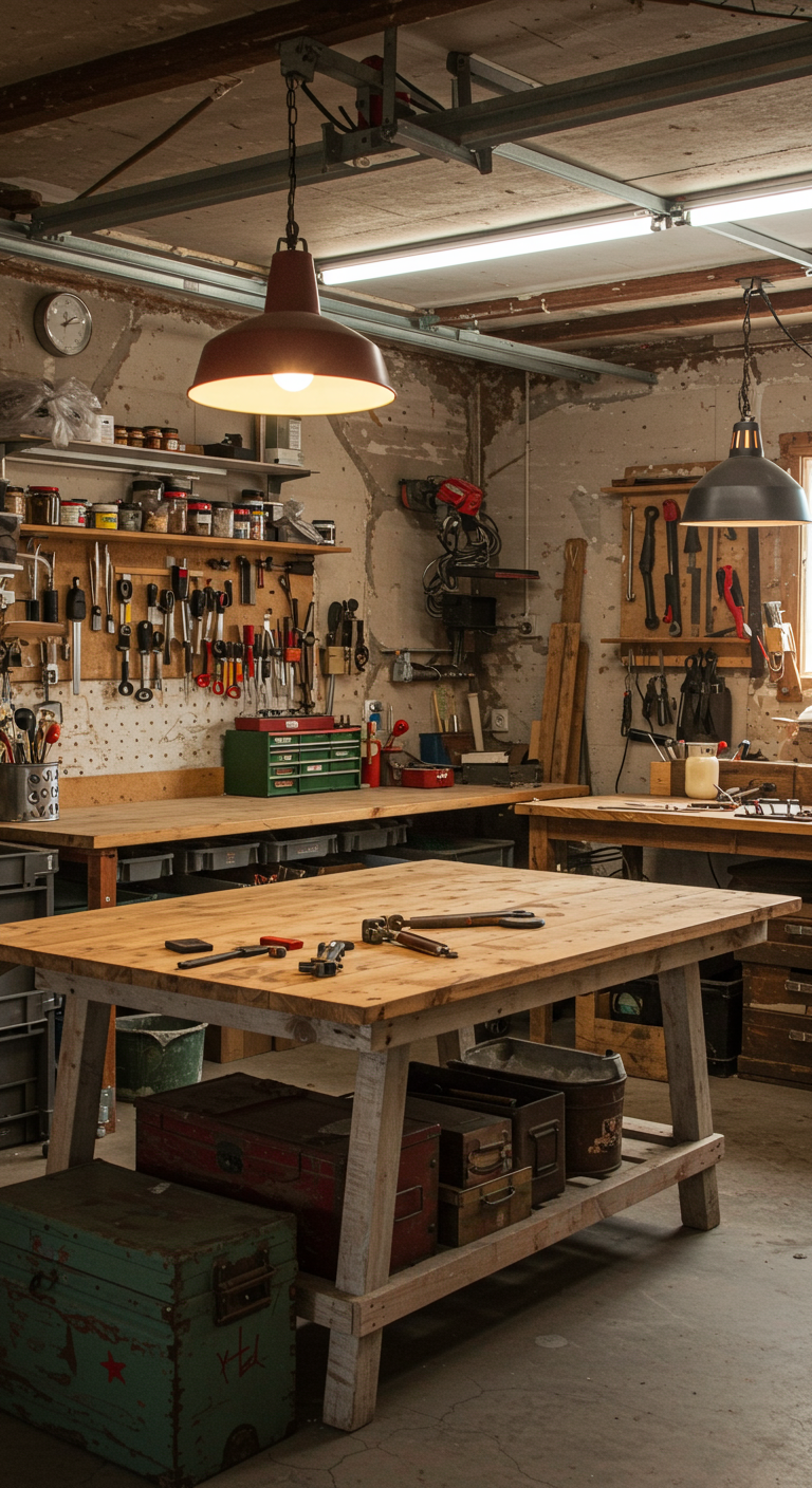 Repurposed Garage Workshop Spaces - A former garage space transformed into a creative workshop. Signs of its past — garage door rails, original walls — remain. New additions like reclaimed wood tables, vintage toolboxes, or industrial lighting create a mix of old and new. Cluttered but cozy, textured and filled with personality.