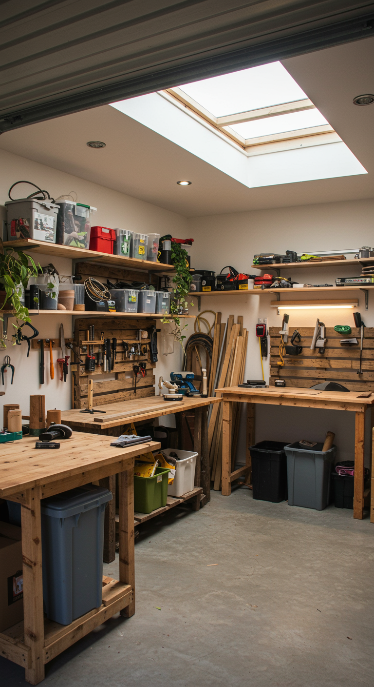 The Green Garage Workshop: Eco-Friendly Designs - An eco-conscious garage workshop using repurposed materials: old pallets turned into shelves, natural lighting from skylights or windows, solar-powered tools or lighting. Visible recycling bins, plants, and neutral tones. The workshop blends sustainability and function with earthy textures.