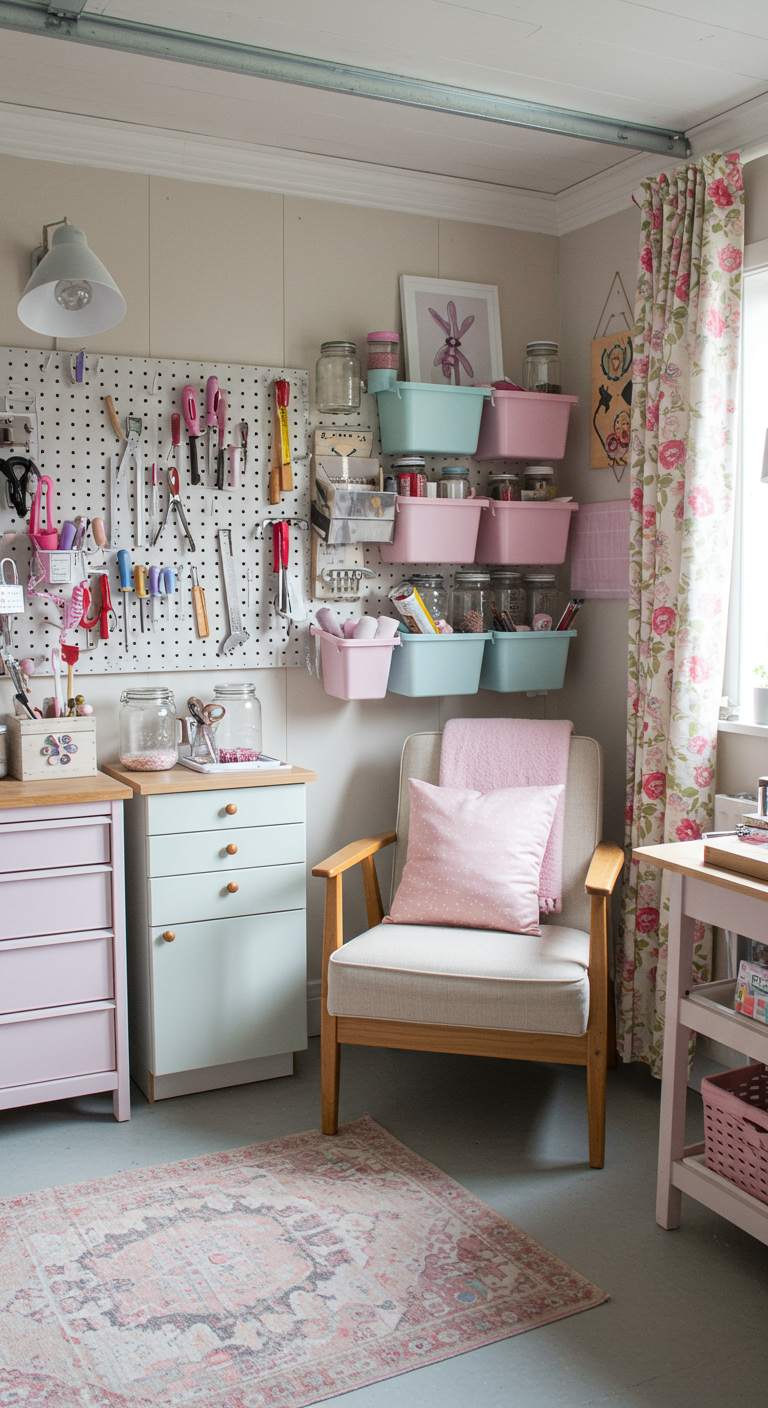 She Shed Garage Workshop Conversions - A feminine-inspired converted garage workshop — light tones, pastel accents, pegboards, storage jars, and floral curtains. A cozy chair, clean white walls, and soft lighting make it feel like a creative, comfortable space. Real tools are visible, but the vibe is soft, personal, and inviting.