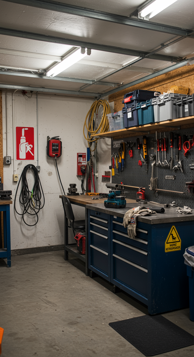 The Super Safe Garage Workshop - A safety-optimized garage workshop with protective gear in place — gloves, goggles, visible fire extinguisher, clean electrical layout, no cluttered cords. Tools are stored safely and sharp items are covered. Proper lighting, non-slip flooring, and signage make the space feel responsible and secure.