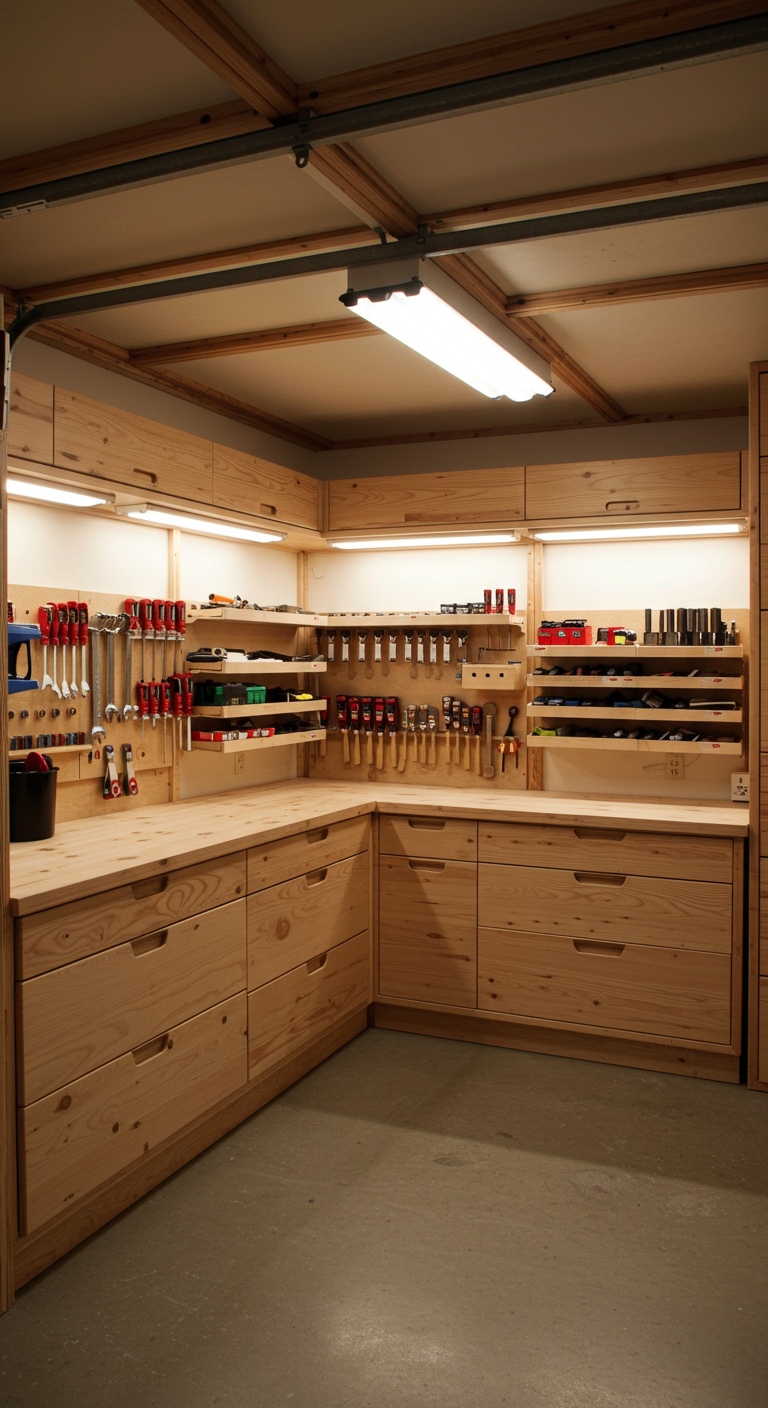 Japanese Style Garage Workshop  - A clean, minimalist garage workshop inspired by Japanese design. Natural wood materials, compact organization, clean floors, and low visual clutter. Tools are stored with purpose — everything has its place. Lighting is soft and balanced. Shoji-style elements or sliding drawers may be present.
