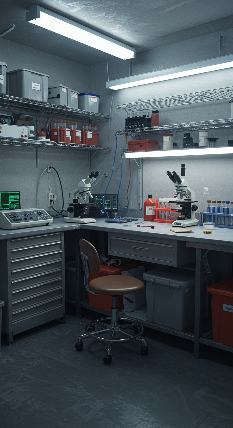 Garage Laboratory Setups - A garage workshop styled like a small lab — clean tables, microscopes or electronics equipment, labeled vials, wire racks, digital monitors. The mood is technical and precise. Materials include stainless steel, glass, and plastic. Lighting is bright and cold. Feels like a scientist’s garage space.