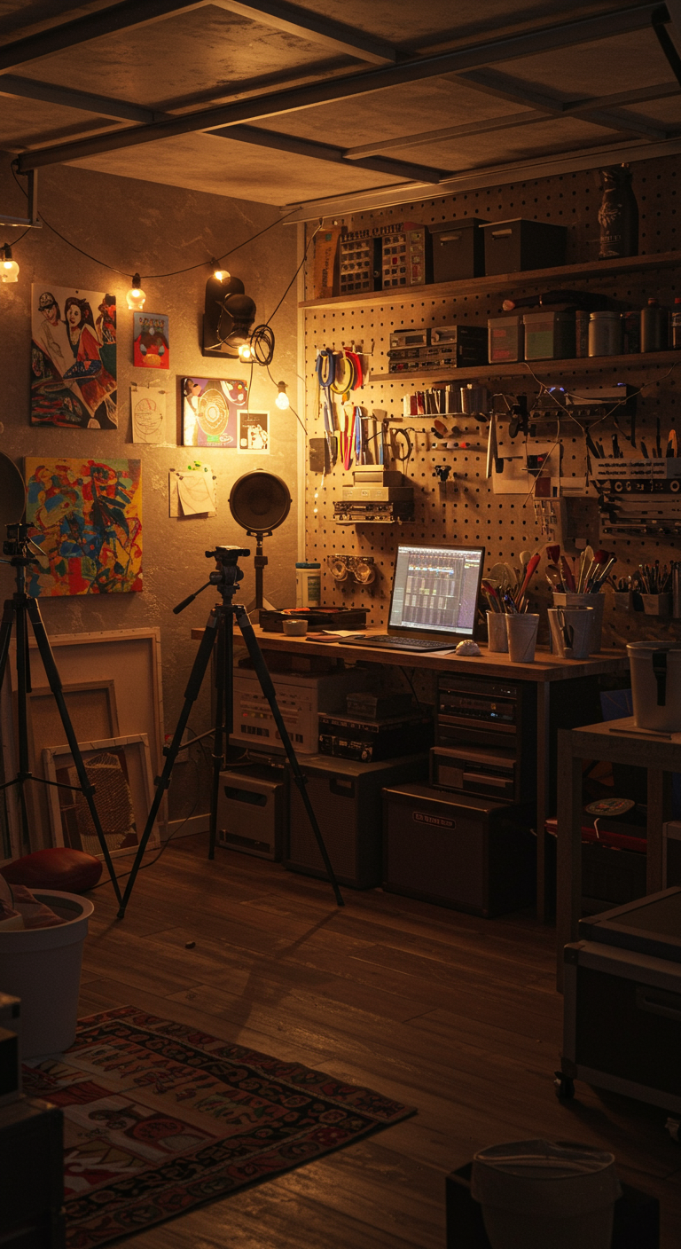 Garage Studio Setups - A creative garage transformed into a studio space — could be art, music, or photography. Visible are canvases, tripods, musical instruments, or a recording mic. One wall is a pegboard with gear, another with shelves full of supplies. Lighting is warm and ambient. Realistic clutter, personal vibe.