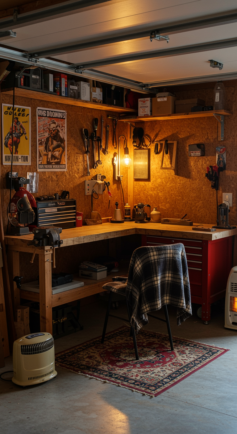 The Cozy Garage Workshop -  A warm, homey garage workshop with a rustic workbench, plaid blanket on a chair, small heater or rug, and dim lighting. Walls may have posters, tools, or wooden panels. This is a winter-ready workspace — real, comfortable, and full of character.