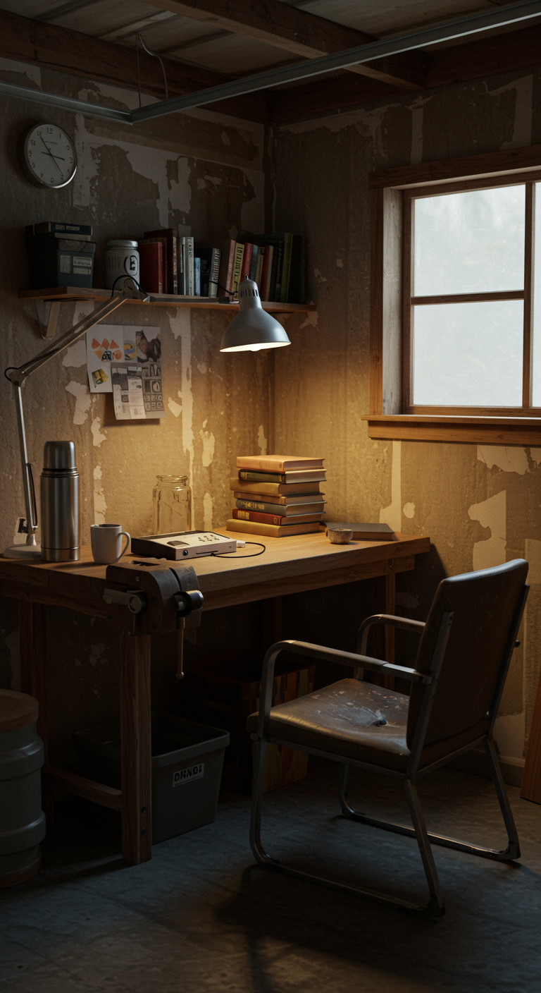 The Escape Garage Workshop - A quiet personal retreat setup in a garage — single workbench, soft lighting, books or music player, and a worn-out chair. The walls are unfinished or partly painted. A thermos or coffee cup sits nearby. It’s a space for getting away, being alone, and building something slowly.