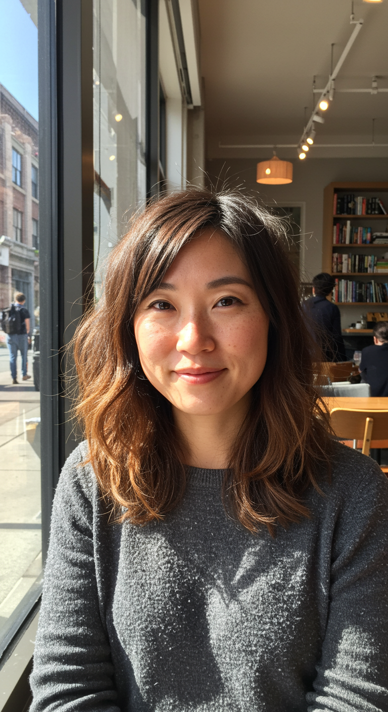 Spring Hair: Face Shape Magic - Portrait of a woman in her late 20s with an oval face shape and light brown skin, layered bob haircut with soft curtain bangs, sitting in a sunlit café, natural skin texture with light freckles and slight smile lines, soft flyaways, full environment in focus.
