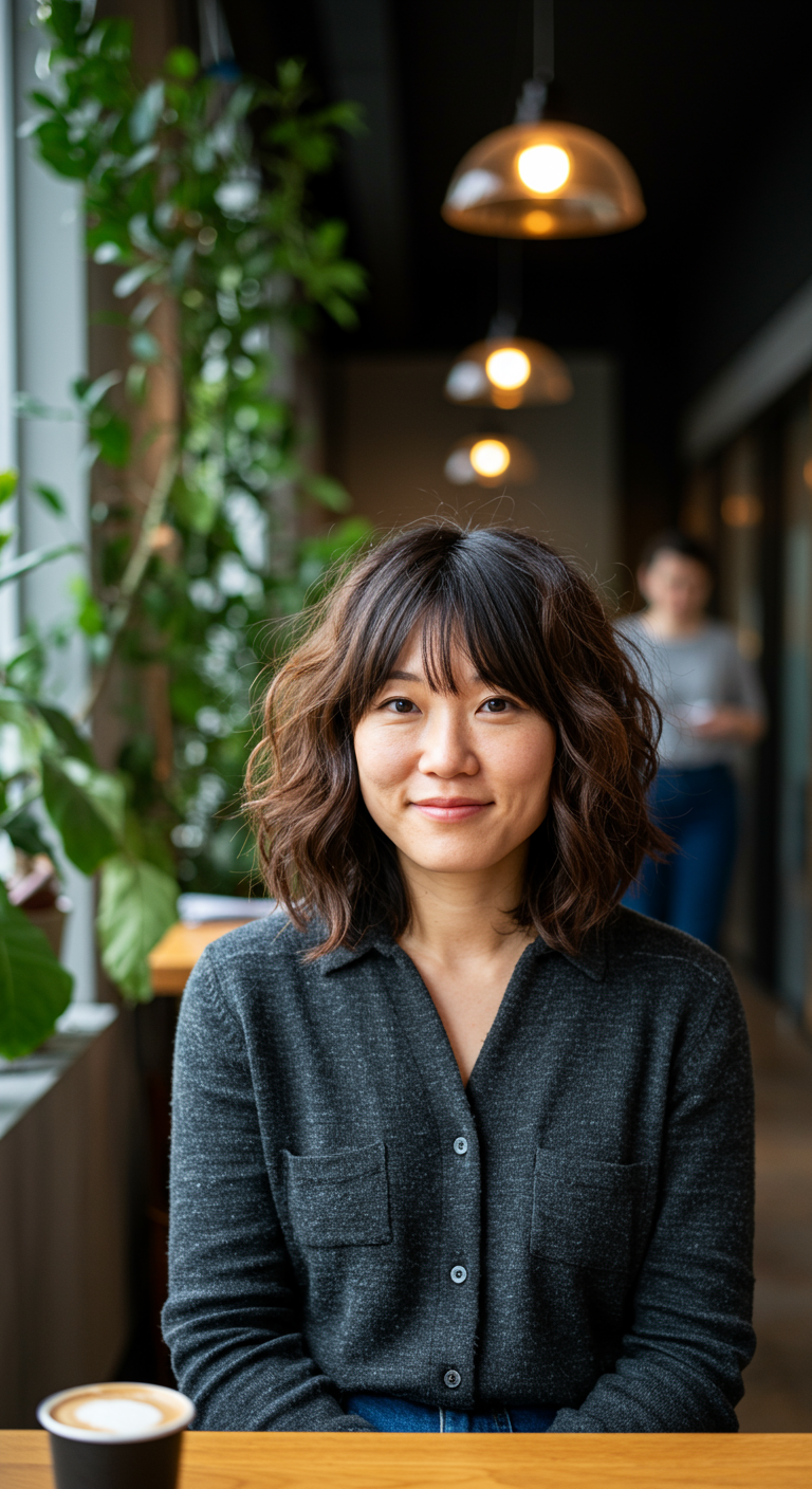 Chic Cuts for Spring: Find Your Fit - Woman in her late 20s with an oval face, layered bob with curtain bangs, photographed in a plant-filled studio with window light, natural skin imperfections, soft hair flow, interior details in focus.