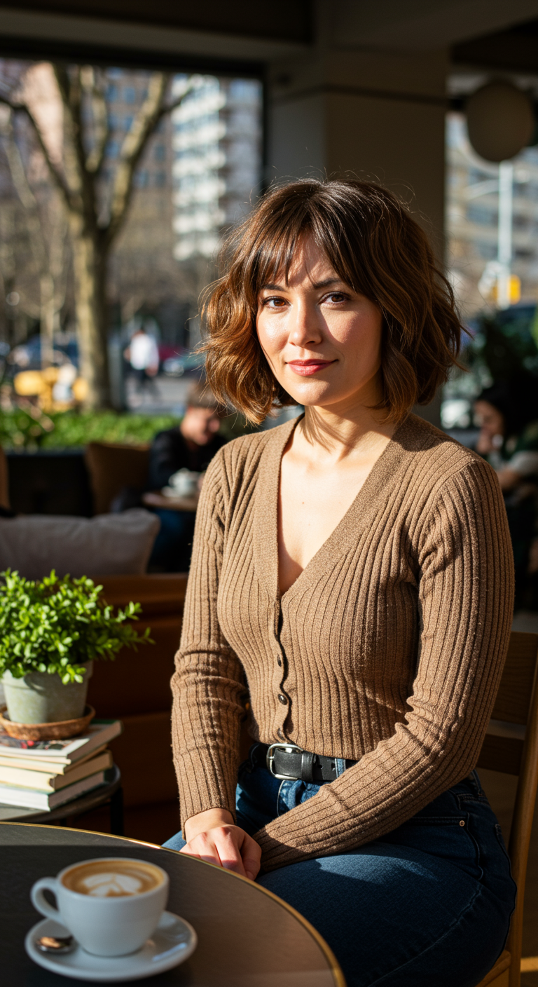 Spring's Hottest Hair: Customized for You - Portrait of a woman in her 20s with oval face, soft curtain bangs, standing in a sunny park, light freckles, loose hair strands, trees and people in background fully in focus.