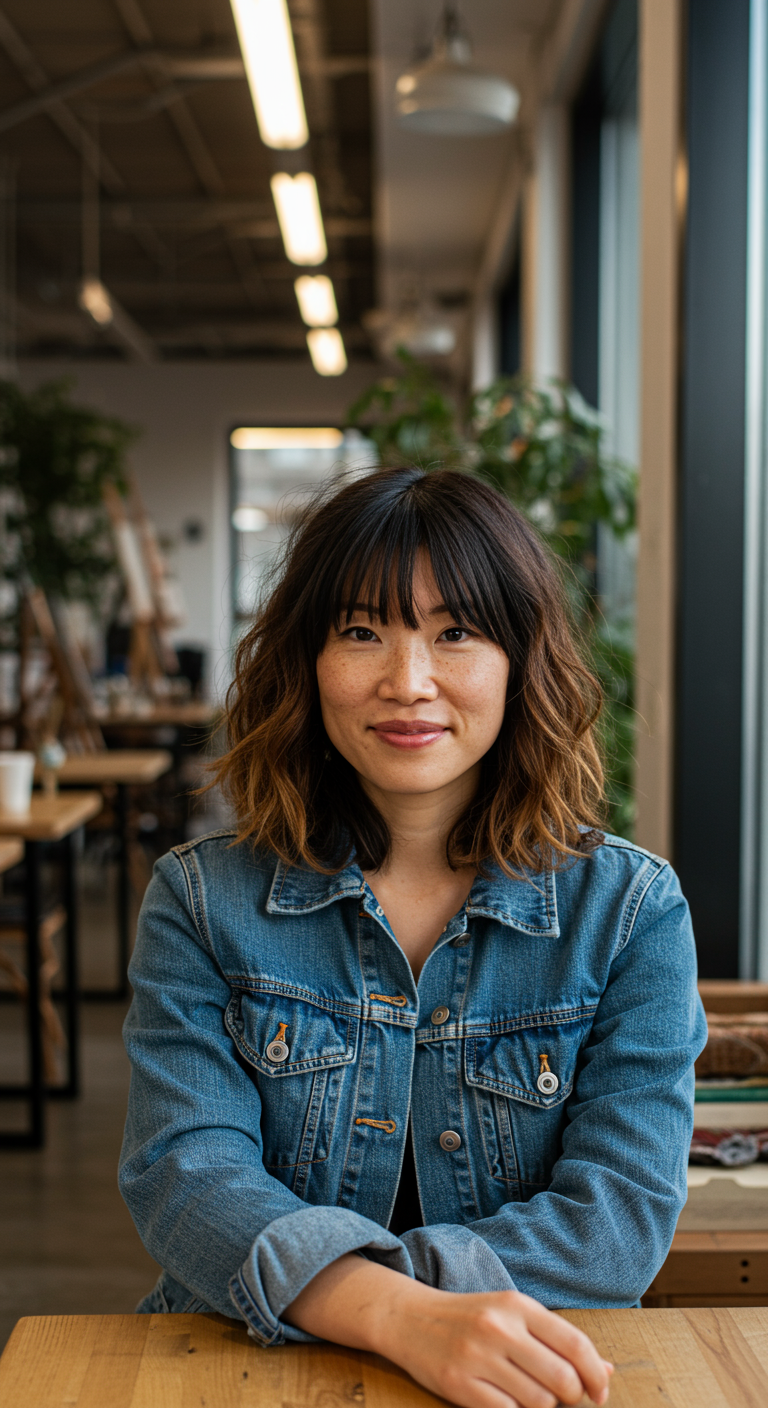 Face-Framing Fabulous: Spring Styles - Mixed-race woman in her late 20s with a round face, soft curtain bangs and loose waves, seated at a small café table under warm daylight, wearing a denim jacket. Background includes tables, plants, and window reflections. Skin has natural glow and light freckles. No background blur.