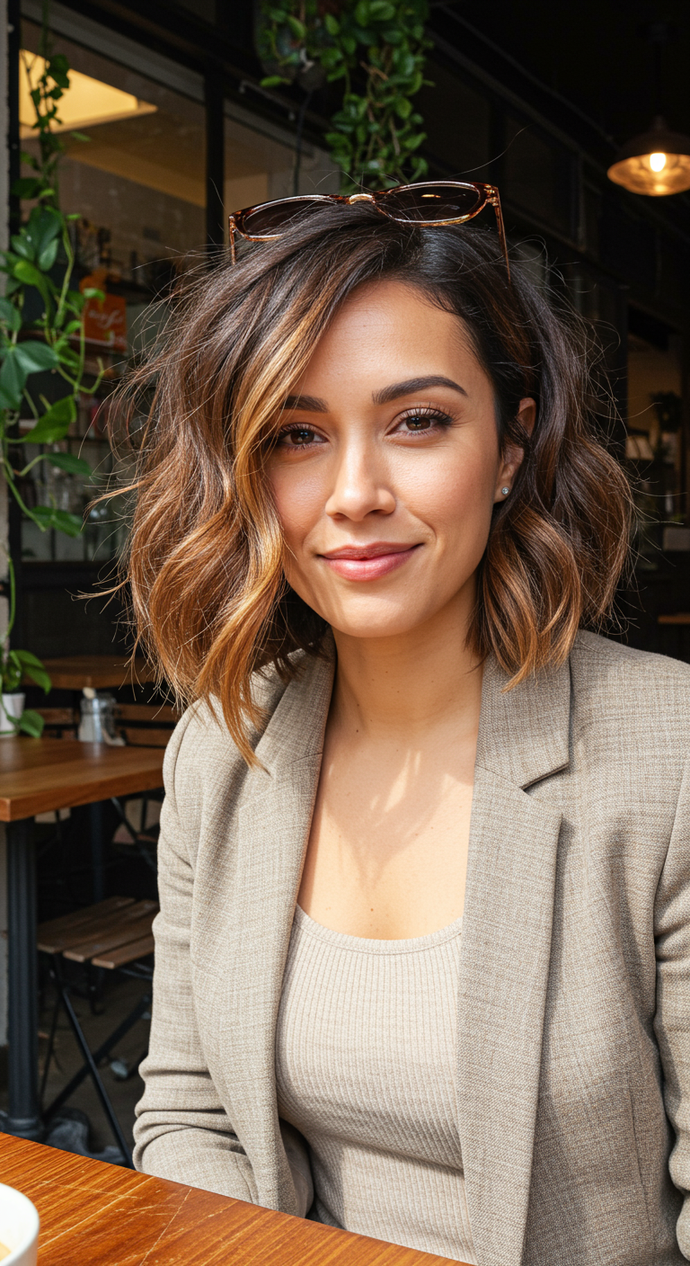 Spring Hair Do's: Your Face, Your Rules - Mediterranean woman in her late 20s with an oval face, tousled waves with soft curtain bangs, photographed in a daylight-filled studio full of indoor plants. Slight skin texture, light brown eyes, beige knit shirt. Natural highlights in hair, everything in sharp focus.