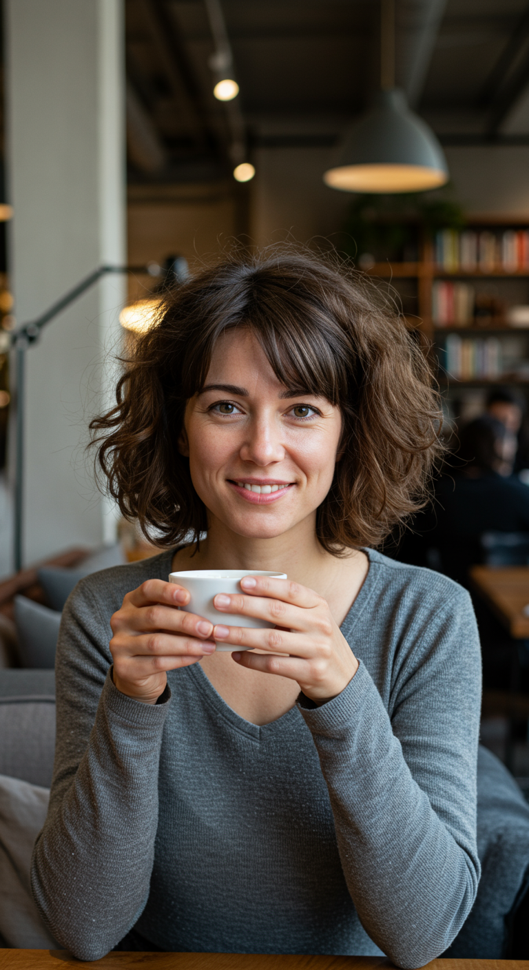 Hair Goals: Spring Edition (Face Focused) - Scandinavian woman in her late 20s with an oval face, soft curtain bangs and tousled waves, photographed in a park with visible path, trees, and sunlight. Pale skin with pinkish undertones, slight smile lines, soft breeze in hair. Background in full focus.