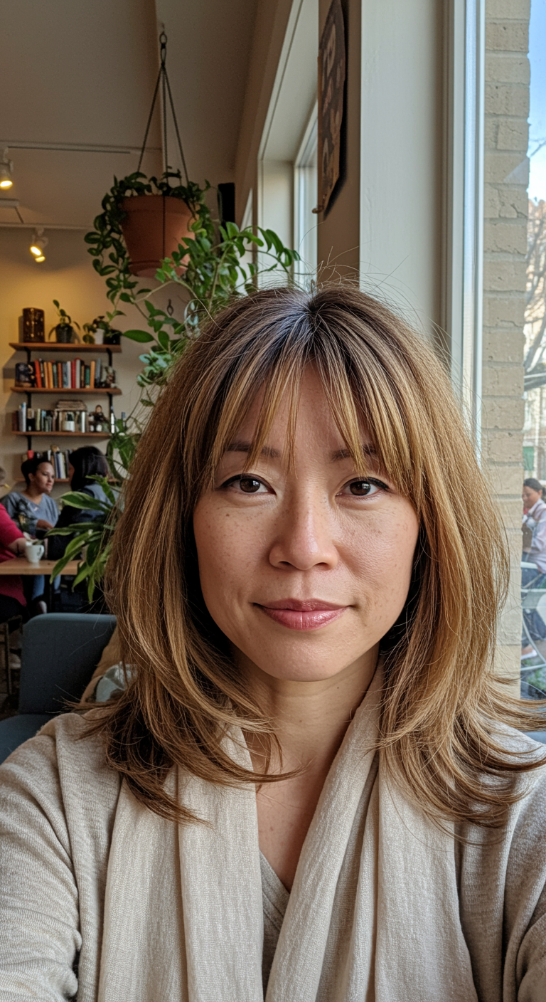 Spring's Best Hair: Perfectly Shaped - Slavic woman in her late 20s with an oval face shape, long shag haircut with soft layering and warm blonde highlights, photographed in a cozy plant-filled home studio. Natural daylight through large windows, freckles and minor skin texture visible. Wears neutral top, relaxed look, bookshelf and plants in background..