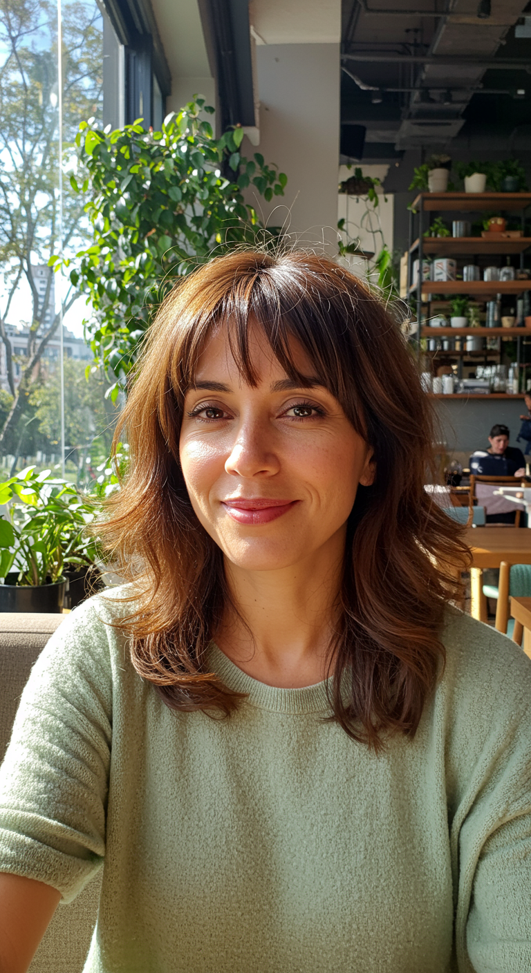 New Hair, New You: Spring Face Lift! - Italian-American woman in her late 20s with an oval face, layered bob with curtain bangs, walking in a sunlit park, trees and joggers behind her. Natural shine on skin, light undereye shadow, spring jacket. Hair catches the wind slightly, full depth in background.