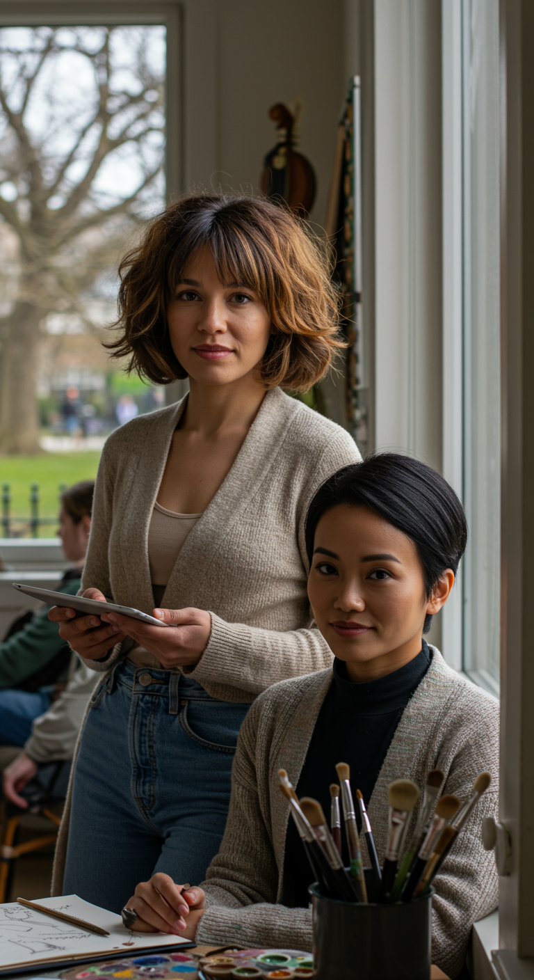 Spring Hair Remix: Style Meets Shape - African-American woman in her late 20s with a round face, layered bob with curtain bangs, standing near a park path. Her hair has caramel lowlights. Slight facial asymmetry, light acne scars. Outfit is casual spring streetwear, with trees and benches in full view.