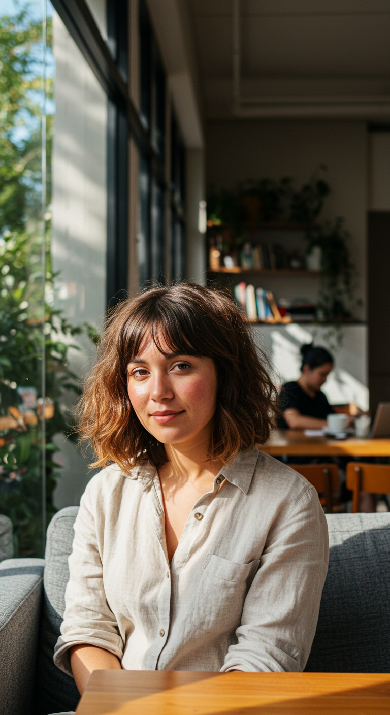 Trending Hair: Spring's Face Game Strong - Caucasian woman in her late 20s with an oval face, soft curtain bangs and tousled long waves, standing in a sunny city park with trees and paths behind her. Slight freckles, visible pores, natural movement in hair. Wearing a linen shirt, sun flare in background..