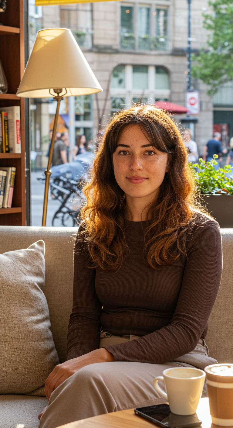 Spring Hair: Unlock Your Face's Potential - Slavic woman in her late 20s with an oval face, loose curtain bangs and long soft waves, sitting on a park bench with bright sunlight. Light brown hair with golden highlights, visible freckles and pores, neutral smile. Full urban park behind her, no blur.