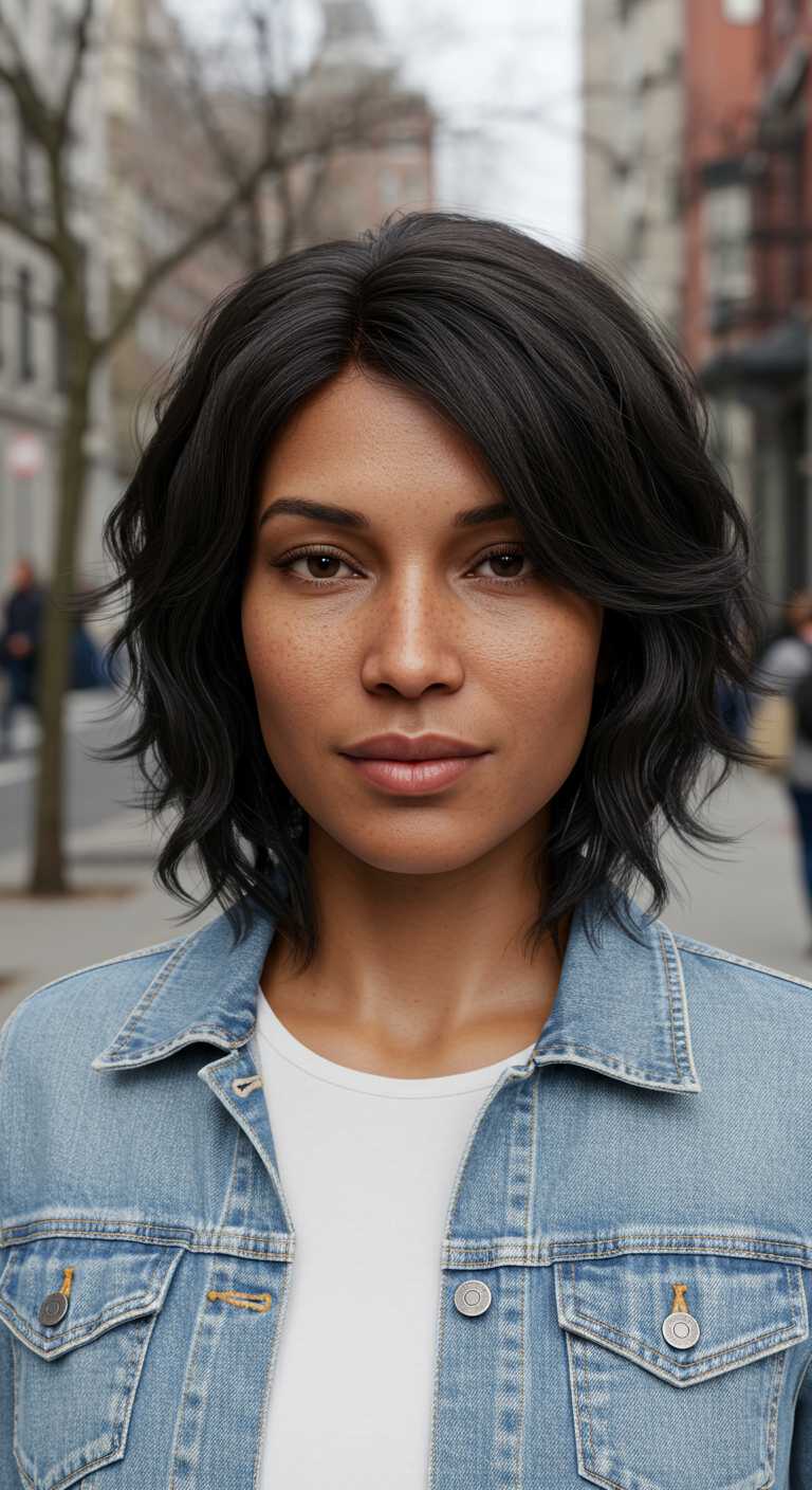 Shape Shifting Spring Styles: Hair Edition - Realistic portrait of a woman in her early 30s with a long face shape and medium brown skin, styled with a soft, side-swept layered haircut that frames her face gently. Her hair is dark, slightly wavy with a natural shine, and a few loose strands fall naturally around her cheeks. She’s standing on a quiet city street in early spring, with buildings, trees, and pedestrians visible in the background — all in full focus, no blur. She wears a light denim jacket and a white t-shirt. Her skin shows realistic texture with visible pores, subtle freckles across her nose, and a touch of shine on the forehead. Lighting is natural daylight, slightly diffused by clouds, creating soft shadows and a grounded, authentic atmosphere.
