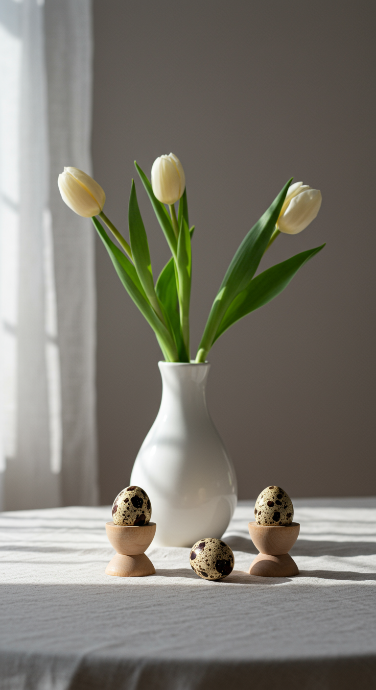 Minimalist Easter Magic - A minimalist Easter table setting featuring a white linen tablecloth subtly wrinkled. A single, unblemished white ceramic vase holds three slender tulip stems with delicate green leaves. Three speckled quail eggs rest on individual, small wooden stands, positioned asymmetrically. The background is a softly blurred, neutral-toned wall with a hint of natural light filtering through a sheer curtain, casting a gentle shadow.
