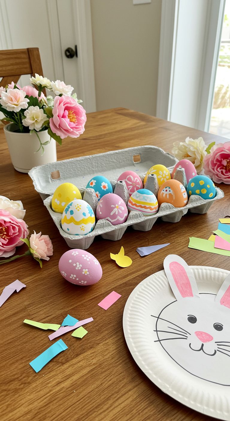 Easter Decor on Budget - A brightly lit kitchen table showcases a DIY Easter centerpiece. The centerpiece features a repurposed egg carton, painted in pastel colors and filled with hand-painted Easter eggs exhibiting various whimsical designs. Scattered around the centerpiece are a few faux flowers from a dollar store, some slightly bent or with minor imperfections, adding to the homemade aesthetic. A half-finished paper plate bunny craft, with visible glue marks and slightly uneven cuts, lies to the side, along with a small pile of colorful construction paper scraps.