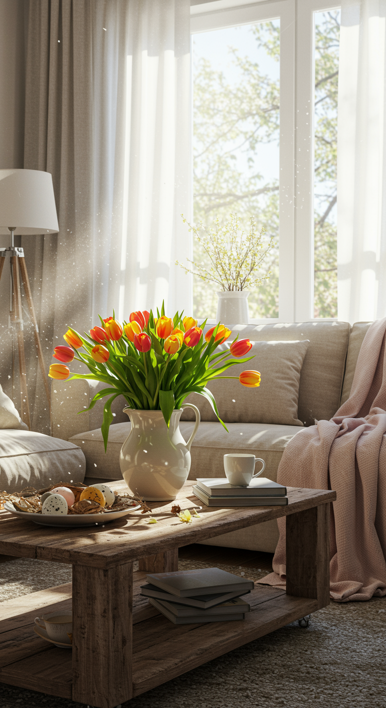 Easter Refresh Ideas - Sun-drenched living room interior, styled for Easter. A vase overflowing with vibrant tulips sits on a reclaimed wood coffee table, next to a stack of design books and a half-empty mug of coffee. Light pastel throw blankets are draped casually over a linen sofa, replacing heavier winter fabrics. Open windows reveal blossoming trees outside, and a gentle breeze ruffles sheer curtains. A few dust particles float in the air, illuminated by the sunlight, adding a touch of realism.