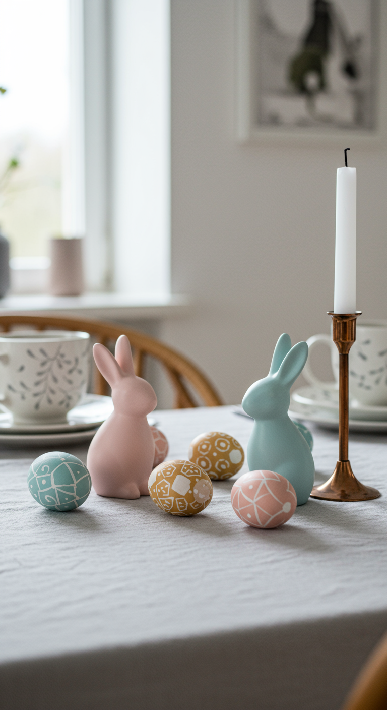 Modern Easter Chic - A minimalist Easter table setting featuring a light gray linen tablecloth as a base, adorned with a few sleek, matte ceramic bunnies in pastel pink and blue. Several hand-painted wooden eggs with geometric designs are scattered artfully, some slightly chipped, alongside a small, tarnished copper candlestick holder. The backdrop is a blurred, modern dining room with clean lines and natural light, with a slight overexposure creating a soft, airy feel.