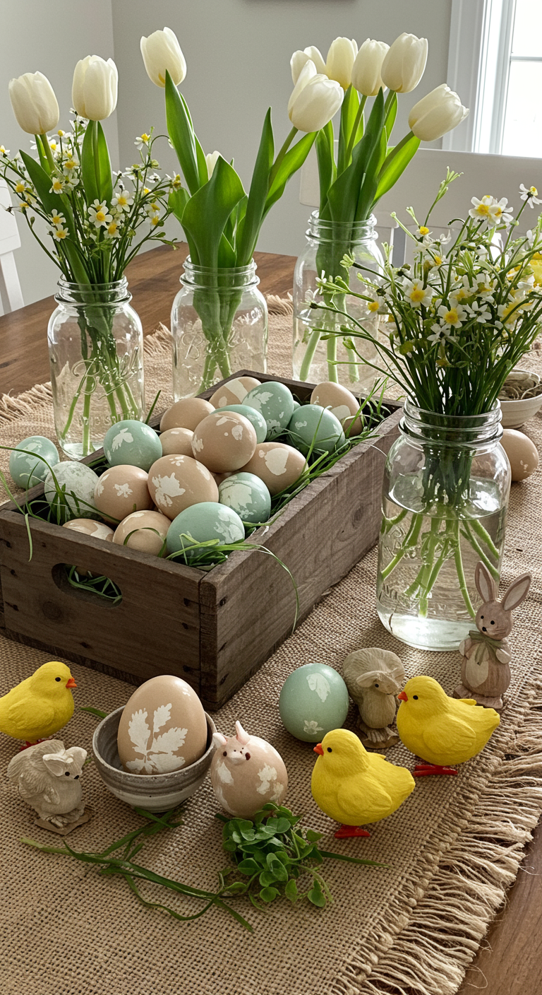 Farmhouse Easter Feel - A farmhouse kitchen table centerpiece featuring a weathered wooden crate filled with dyed Easter eggs in muted pastel colors, interspersed with sprigs of wildflowers and bunny tail grass. Several aged mason jars hold single white tulips, their stems slightly crooked, adding a touch of rustic charm. Burlap runners with frayed edges lay beneath the crate, and a scattering of small, hand-carved wooden chicks and bunnies are placed artfully around the arrangement, some with minor imperfections in their paint.