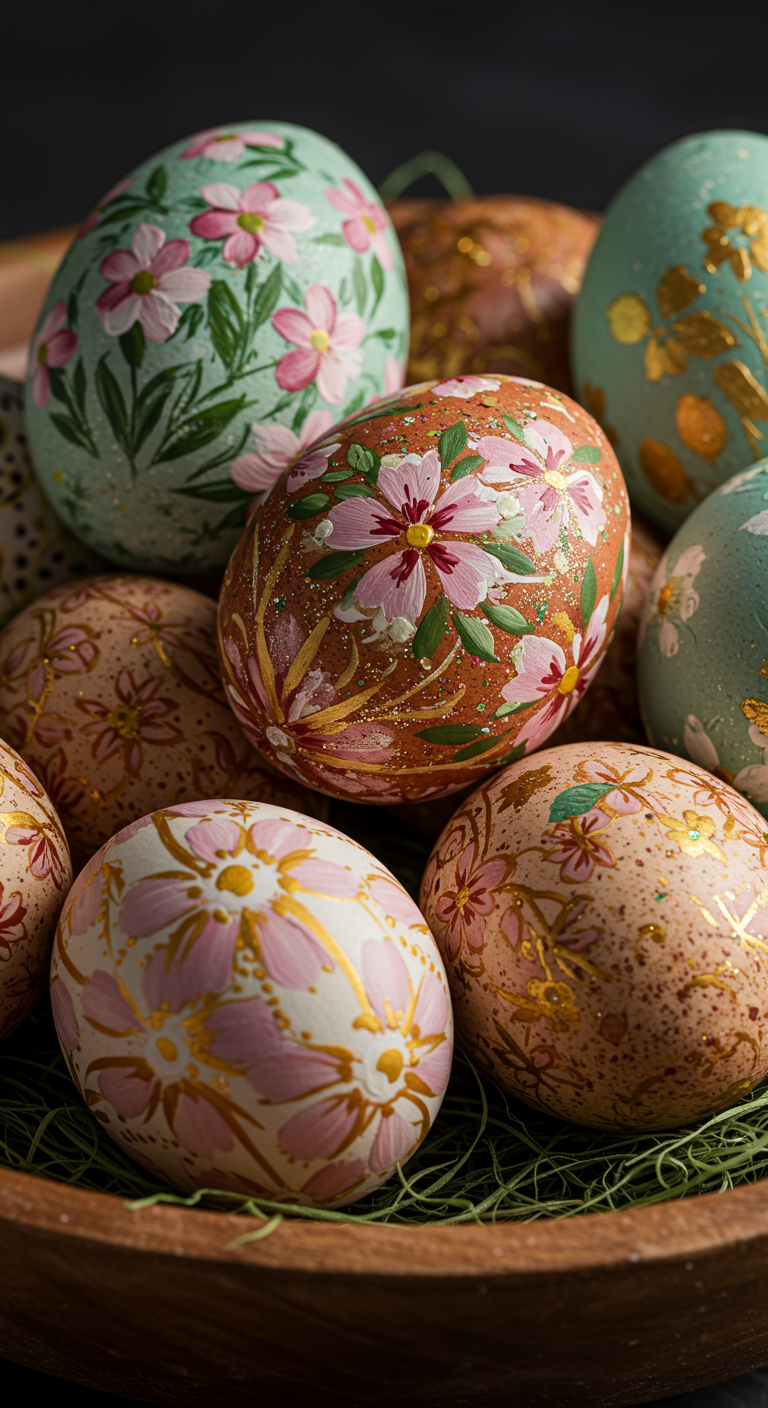 Easter Eggs Decor - Close-up studio shot of a collection of intricately decorated Easter eggs. Some eggs feature delicate floral paintings in pastel colors, while others showcase bold geometric patterns with vibrant acrylics and glitter accents. A few eggs are adorned with small, slightly crookedly applied fabric scraps, and one has a visible glue smudge. The eggs are displayed in a shallow, rustic wooden bowl filled with natural moss, with soft, diffused lighting highlighting the textures and imperfections of the decorations.