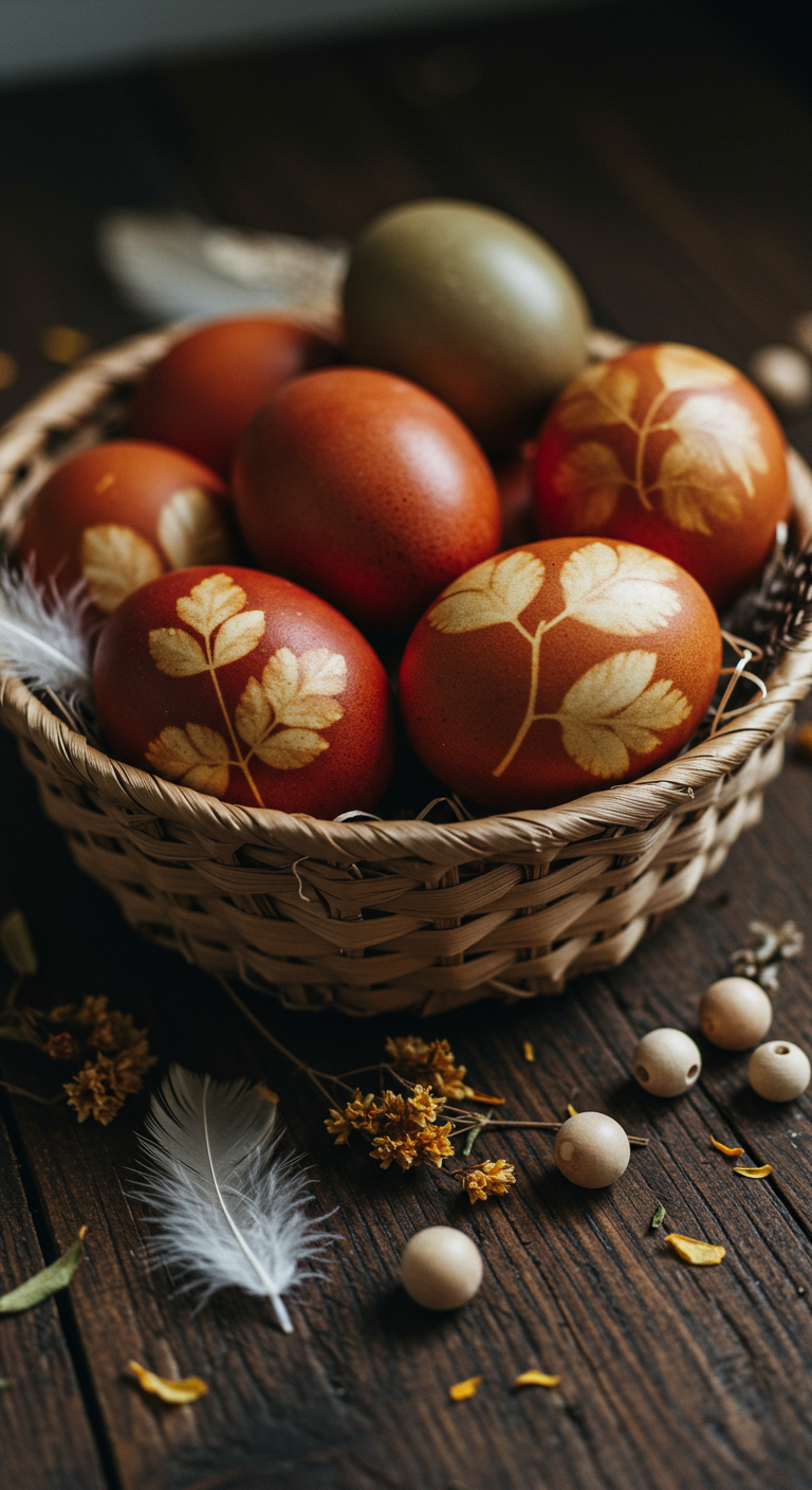 Boho Easter Bliss - A close-up, highly detailed photograph of a woven basket filled with naturally dyed Easter eggs in muted earthy tones, arranged on a rustic wooden table. The eggs are decorated with subtle patterns created using onion skins and beet juice, showing slight imperfections in color and texture. Scattered around the basket are a few delicate feathers, dried wildflowers, and small wooden beads, adding to the bohemian aesthetic. The scene is bathed in soft, natural light, creating a warm and inviting atmosphere with shallow depth of field.