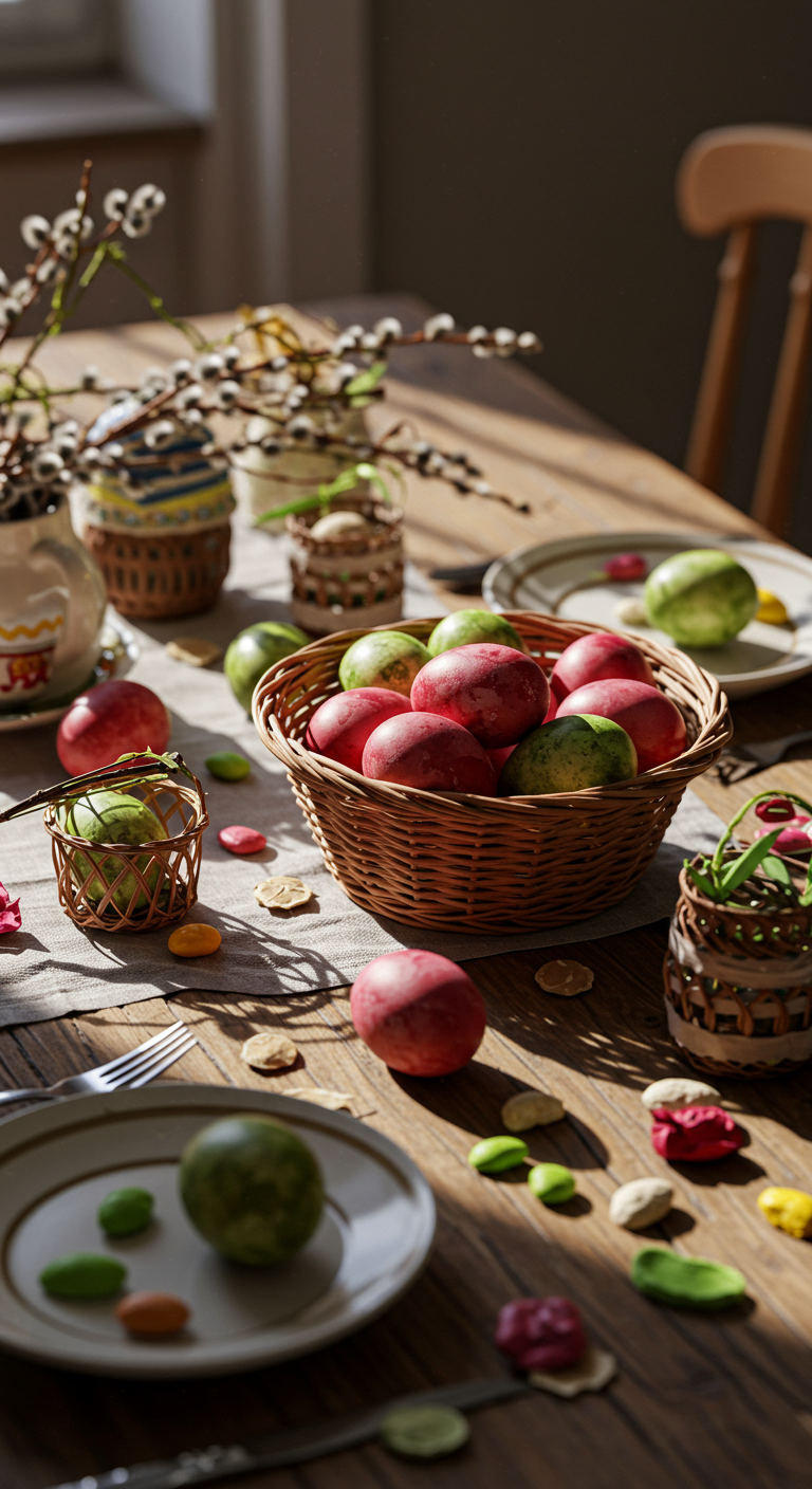 Eco-Friendly Easter - A rustic wooden table set for Easter dinner, featuring naturally dyed eggs in shades of pink and green nestled in a woven basket. Scattered around the basket are loose, unpackaged candies and homemade decorations crafted from twigs and cardboard. Sunlight streams through a window, illuminating dust motes in the air and highlighting the imperfections in the handmade decorations, with slight smudges of dye on the table cloth.