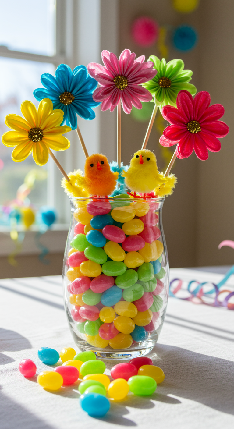 Vibrant Easter Burst - Close-up of an Easter table centerpiece: a clear glass vase overflowing with neon pink, sunshine yellow, electric blue, and lime green jelly beans, topped with handcrafted paper flowers in matching vibrant hues and whimsical sparkly pipe cleaner chicks. A few jelly beans have spilled onto the white linen tablecloth, creating a playful mess. The scene is illuminated by soft, natural light streaming through a nearby window, casting subtle shadows and highlighting the glossy texture of the jelly beans and the delicate details of the paper flowers. The background is slightly blurred, suggesting a brightly decorated dining room with colorful ribbons and balloons.