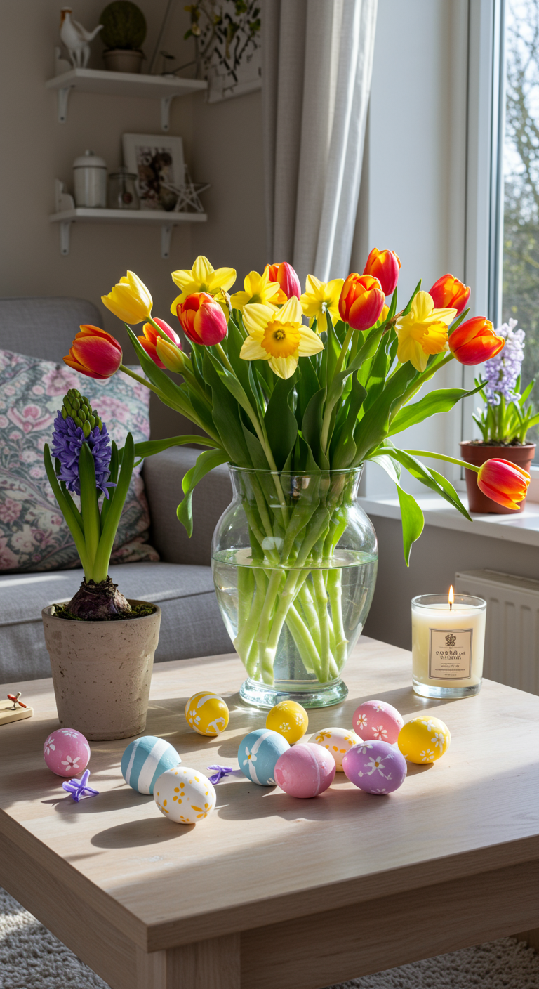 Easter Mood Boost - A sun-drenched living room interior, bathed in soft, natural light. A vase overflowing with vibrant tulips and daffodils sits on a light-colored wooden coffee table. Scattered around the vase are a few hand-painted Easter eggs in pastel shades, some slightly chipped, revealing the white shell beneath. A delicate floral-scented candle flickers gently on a nearby shelf, casting a warm glow. A small potted hyacinth with blooming purple flowers rests on the windowsill, slightly dusty, with a few fallen petals on the sill.
