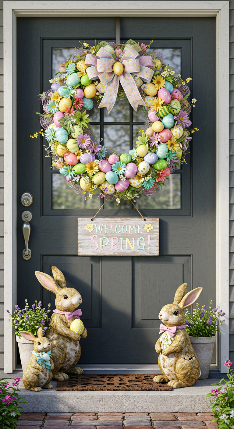 Easter Front Door Ideas - A highly detailed, realistic photograph of an Easter-themed front door. A pastel-colored wreath adorned with colorful Easter eggs and spring flowers hangs prominently. A small, slightly weathered wooden sign reading "Welcome Spring!" is positioned just below the wreath. A pair of ceramic bunny figurines sit on either side of the door, one with a chipped ear, adding a touch of rustic charm.