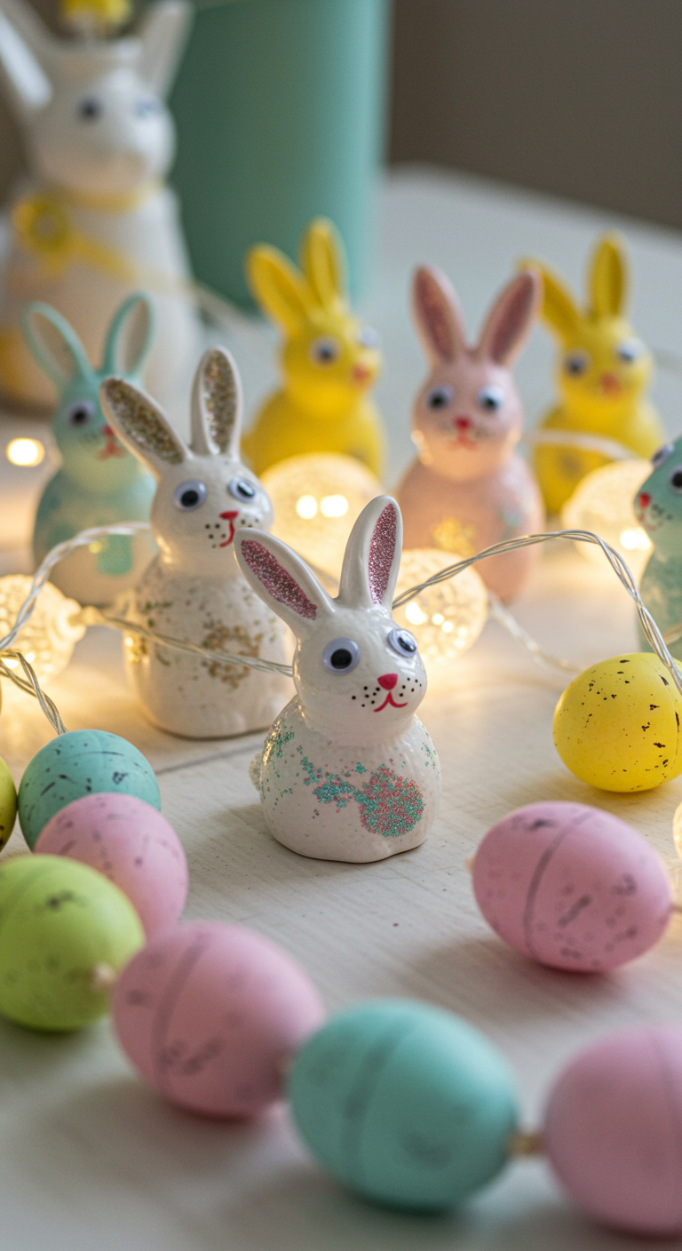 Sweet Easter Designs - A close-up photograph of a table adorned with pastel-colored Easter decorations. Several hand-painted ceramic bunnies, imperfectly decorated with googly eyes and glitter, are scattered amongst a string of bunny-shaped fairy lights. An Easter egg garland with slightly faded pastel hues drapes across the edge of the table, one egg slightly askew, creating a whimsical, homemade aesthetic.