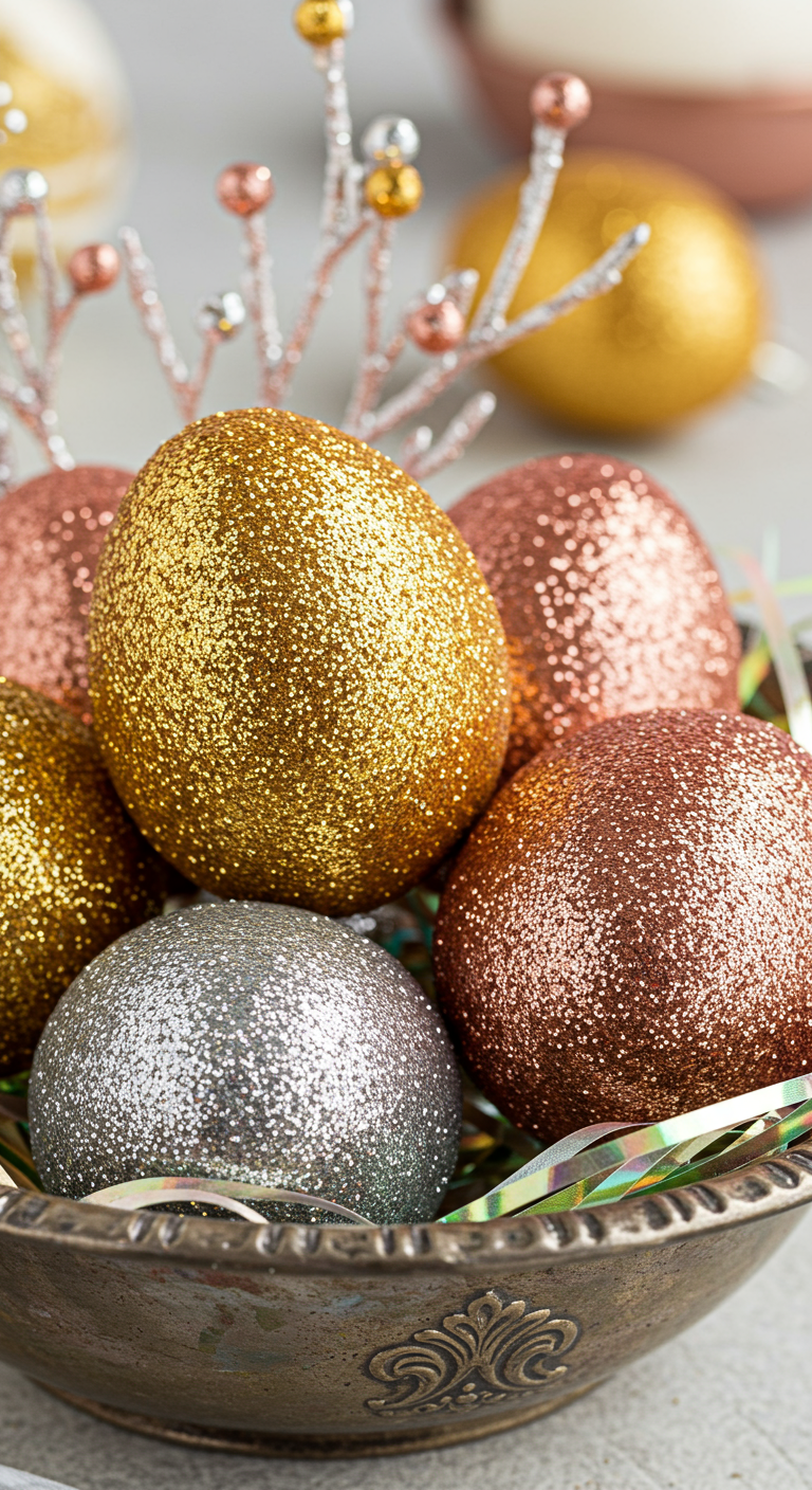 Glam Easter Sparkle - Close-up photograph of a collection of Easter eggs, meticulously decorated with fine glitter in shades of gold, rose gold, and silver. The eggs rest in a shallow, antique silver bowl filled with iridescent shredded paper. Soft, diffused light highlights the sparkle and texture of the glitter, revealing minor imperfections in the application, such as slightly uneven coatings and stray glitter particles. A few delicate, metallic-painted twigs with miniature, shimmering ornaments are artfully arranged in the background, slightly out of focus, adding depth and a sense of luxurious, handcrafted elegance.